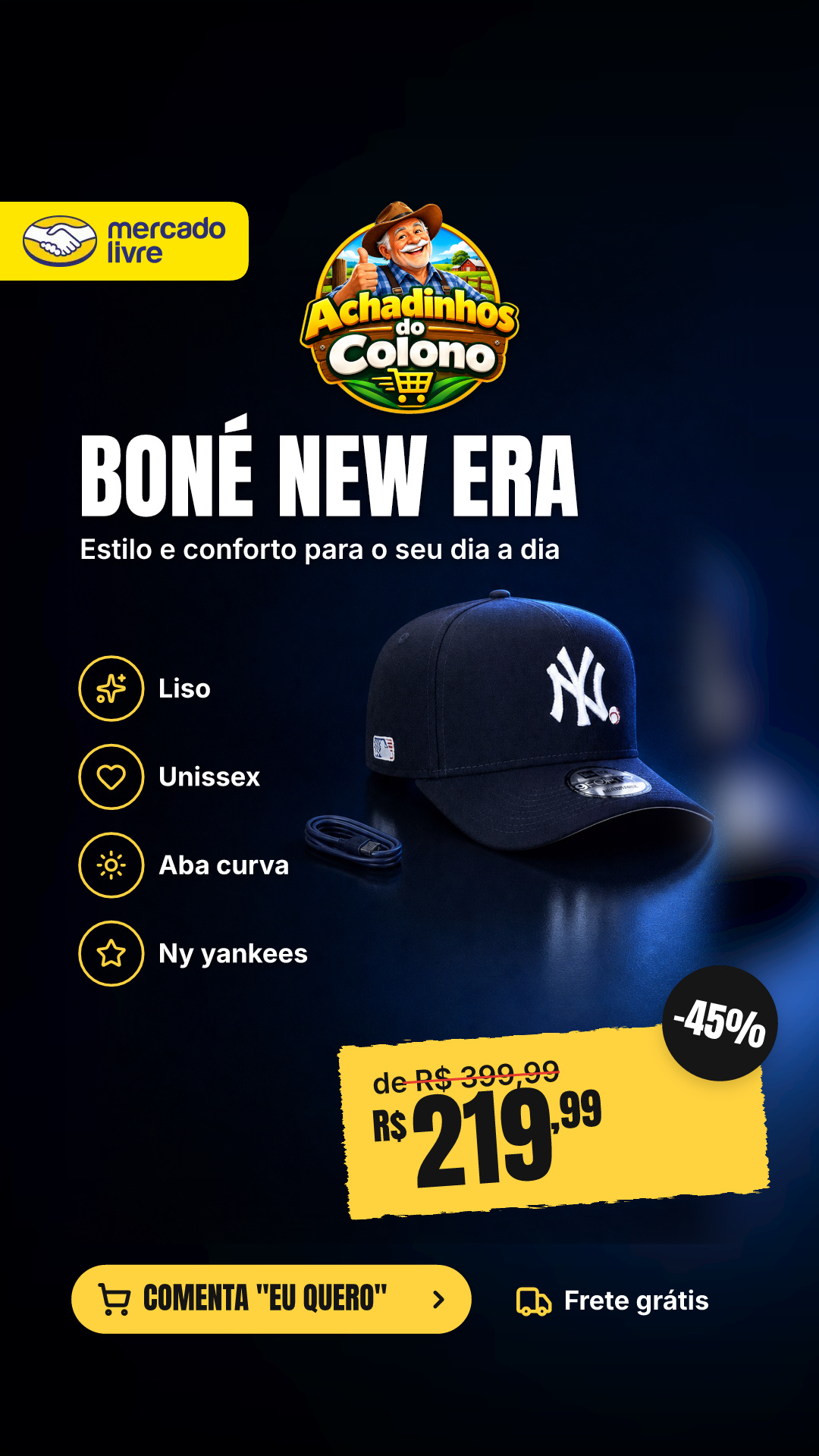 Boné New Era Aba Curva 940 Ny Yankees Beisebol Bola Marinho Cor Azul-escuro Tamanho Un Liso