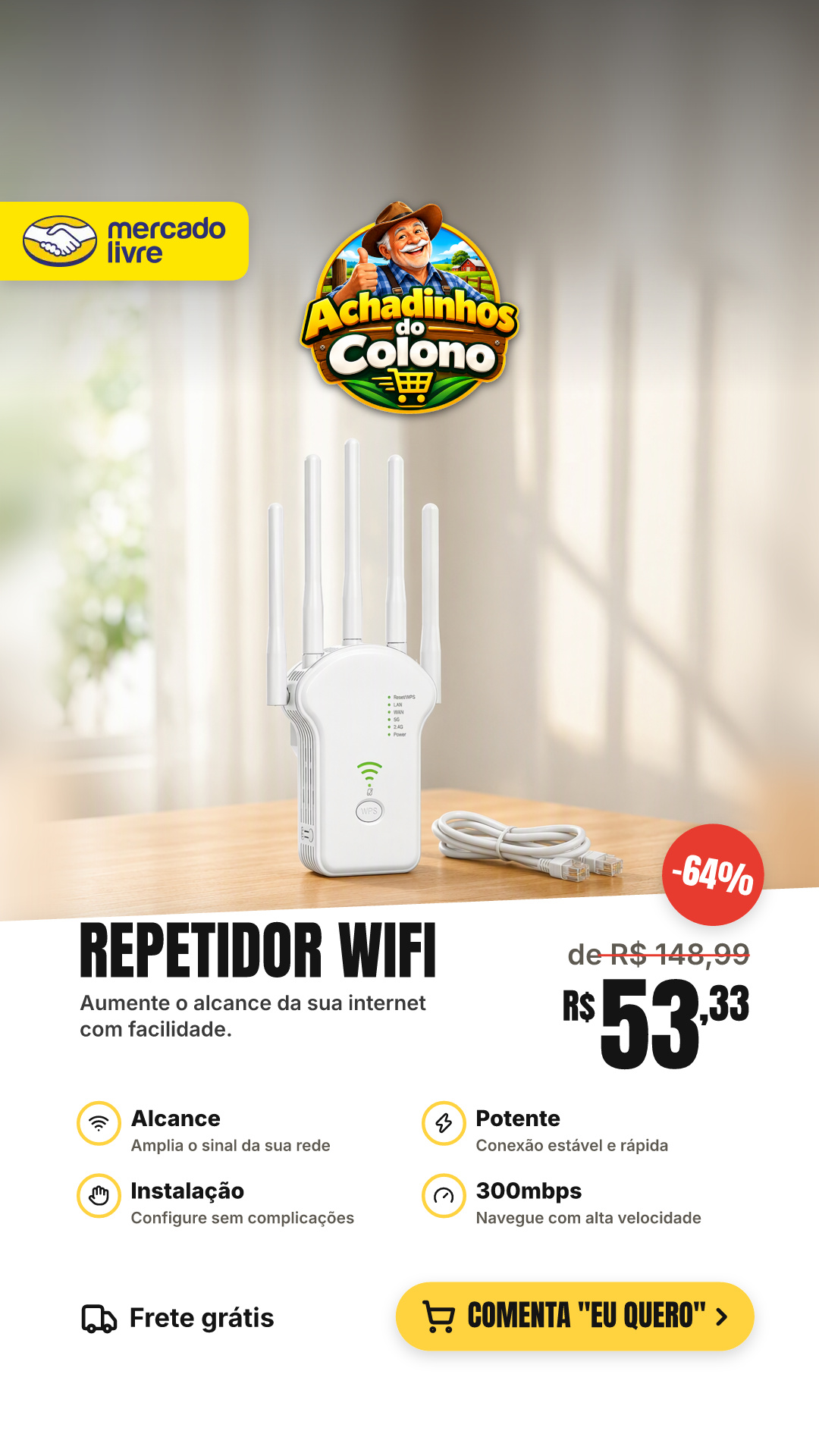 Repetidor De Sinal Wi-fi Roteador Wireless 6 Antenas Longo Alcance Internet Wifi Potente Fácil Instalação 300mbps Blackbom
