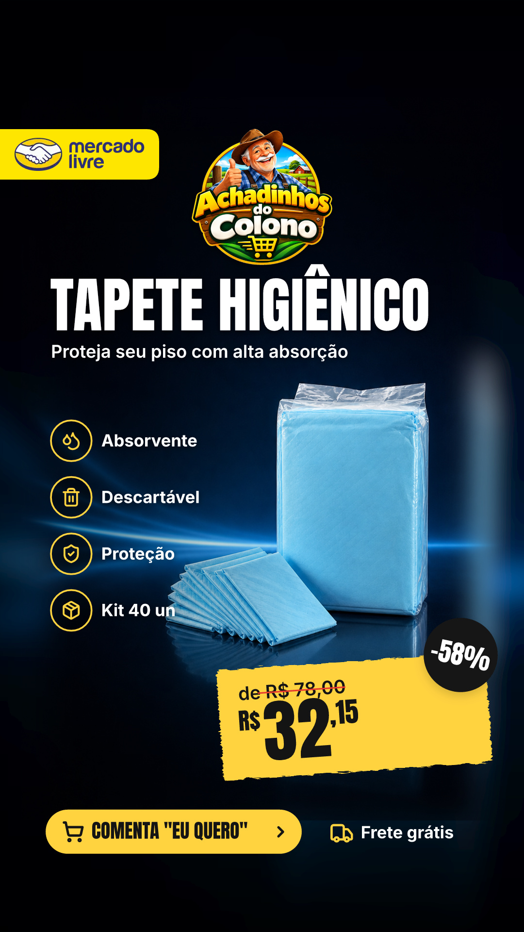 Tapete Higiênico Para Cachorro Super Absorvente 40 Unidades 60x60 Descartável Pet Cão Proteção Piso Alta Absorção Branco