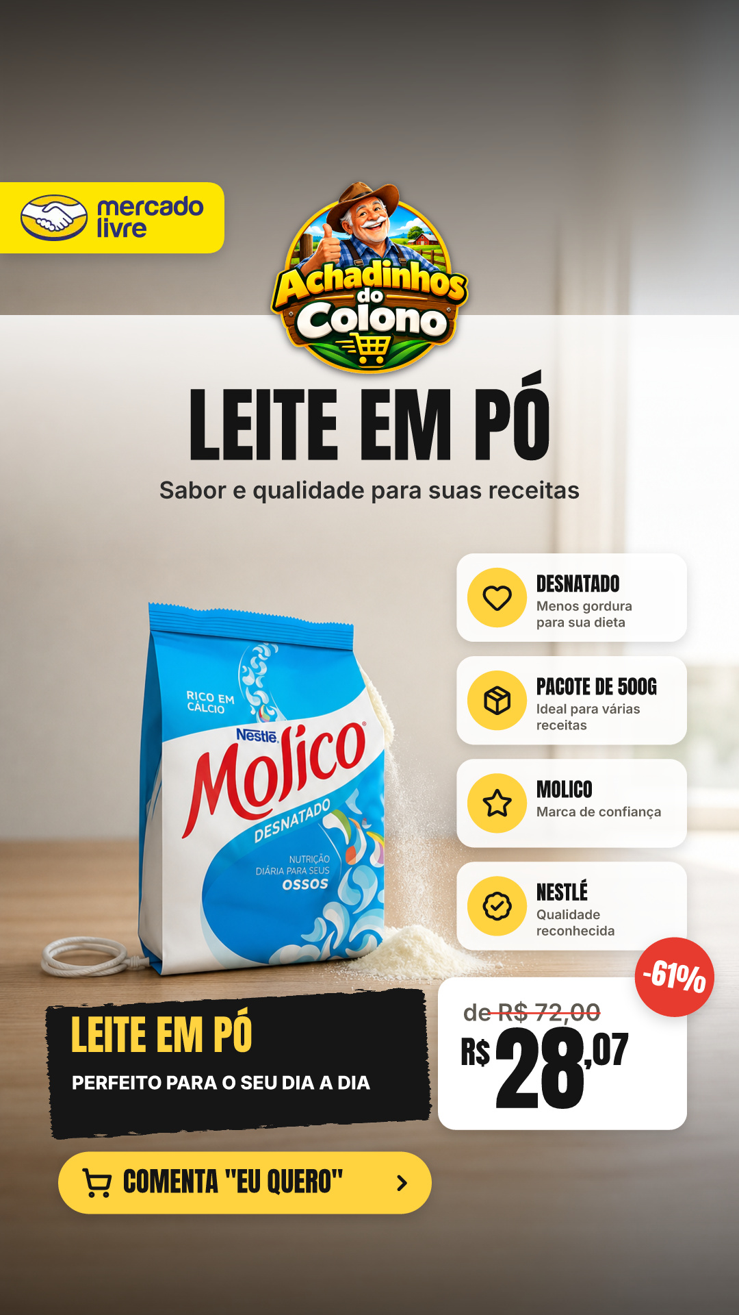 Leite Pó Desnatado Pacote De 500g Molico Nestlé