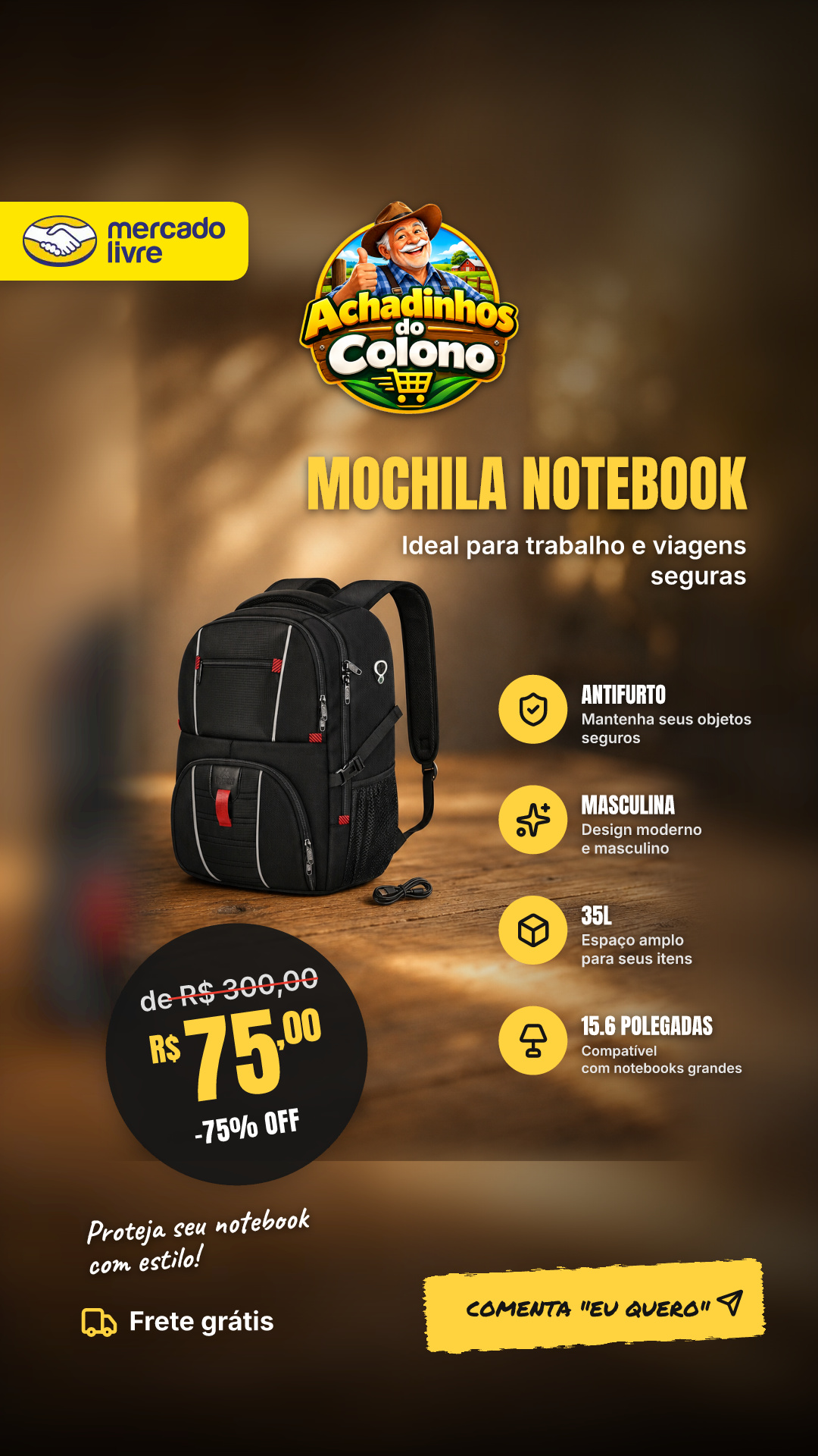 Mochila Notebook 15.6 Polegadas Masculina Antifurto 35l Para Trabalho E Viagem, Matein, Preto