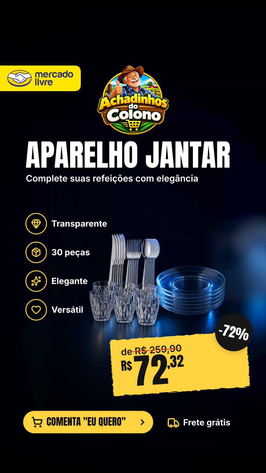 Aparelho De Jantar 30 Peças Copos Diamond Pratos E Talheres Transparente Diamond