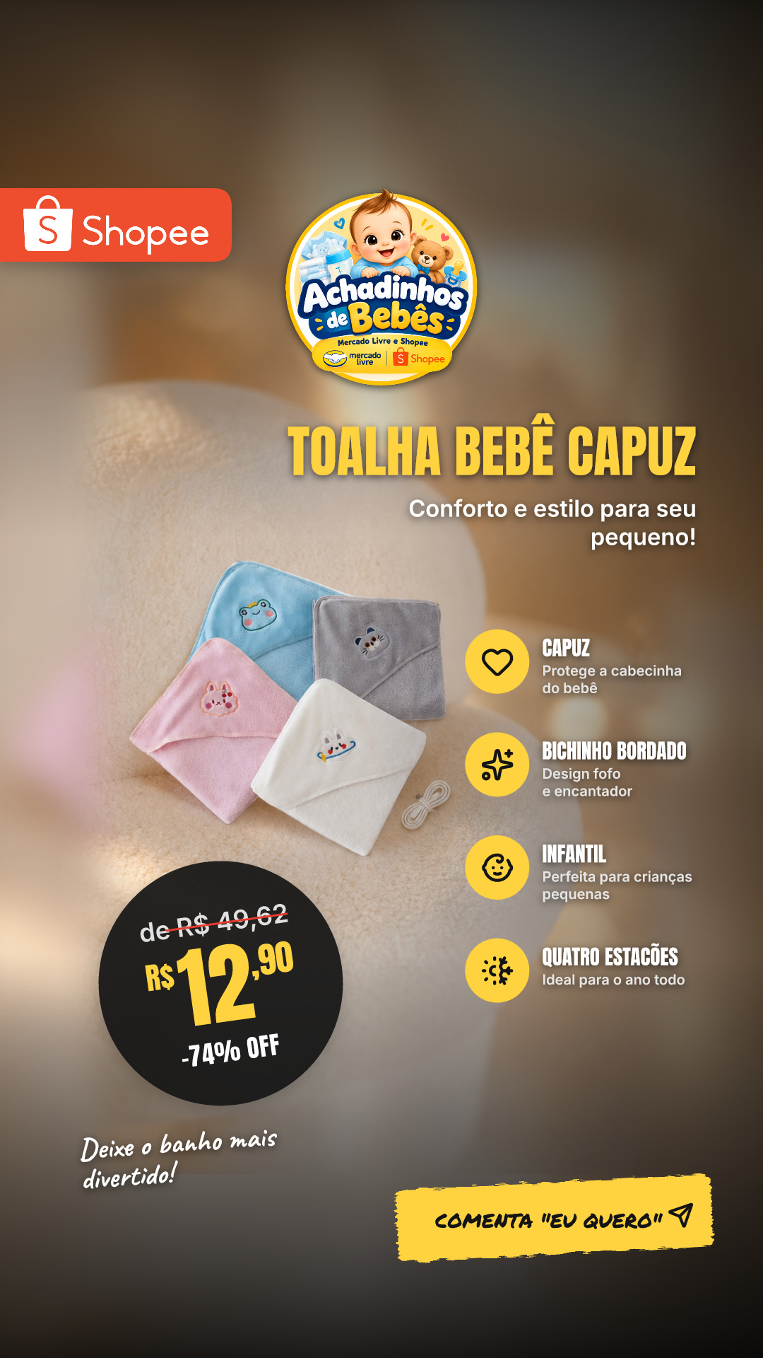 Toalha Banho Bebê Capuz Roupão Infantil Recém Nascido Criança Bichinho Bordado ABCSHOP