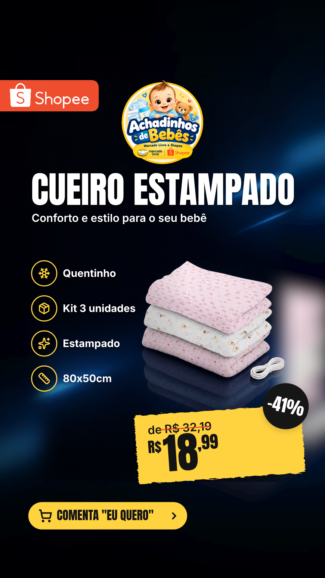 Cueiro Estampado Flanelado Bebê Kit 3 Unidades 80X50CM Papi/Incomfral