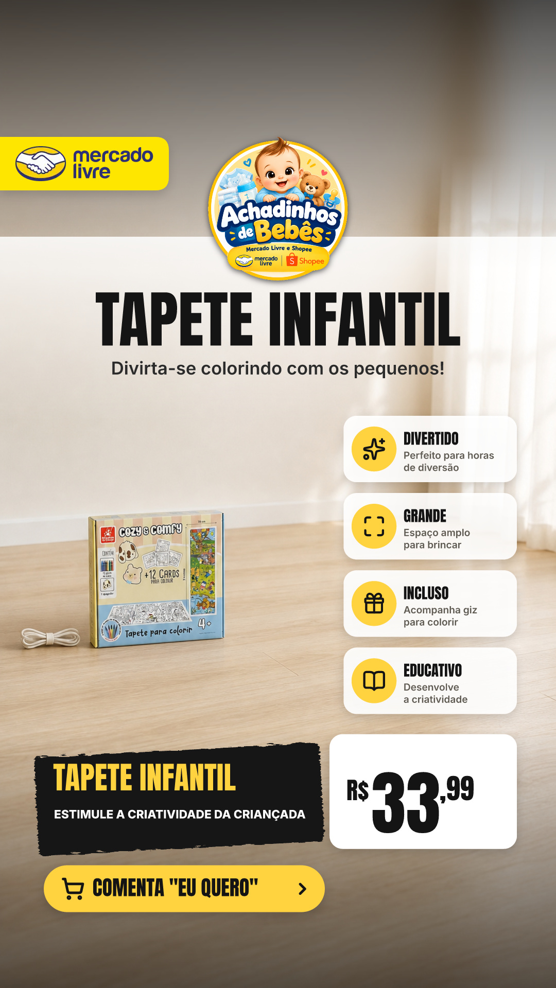 Tapete Infantil Para Colorir Cozy E Comfy 2m Com Giz Qu