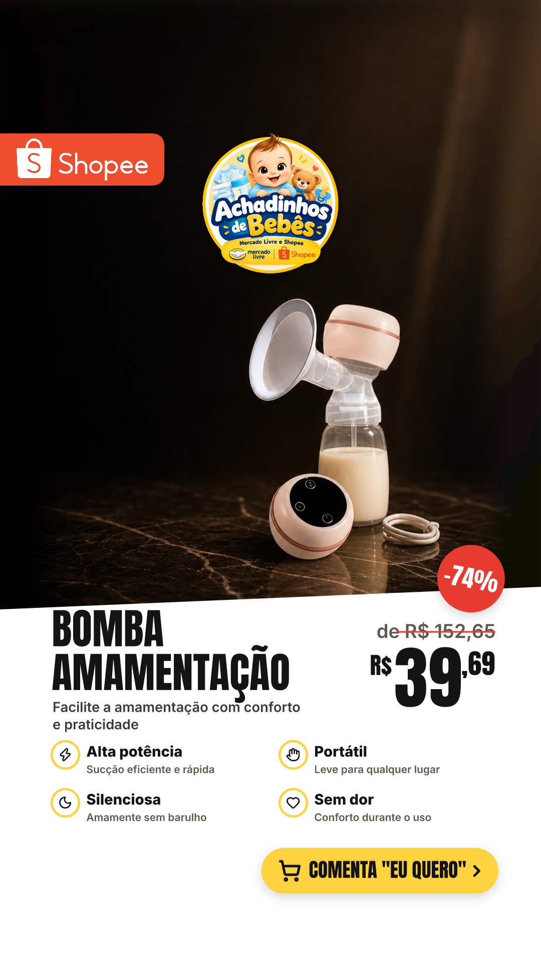 Bomba Amamentacao tira-leite elétrica Sem dor Alta potencia de sucção integrada Silenciosa Portátil