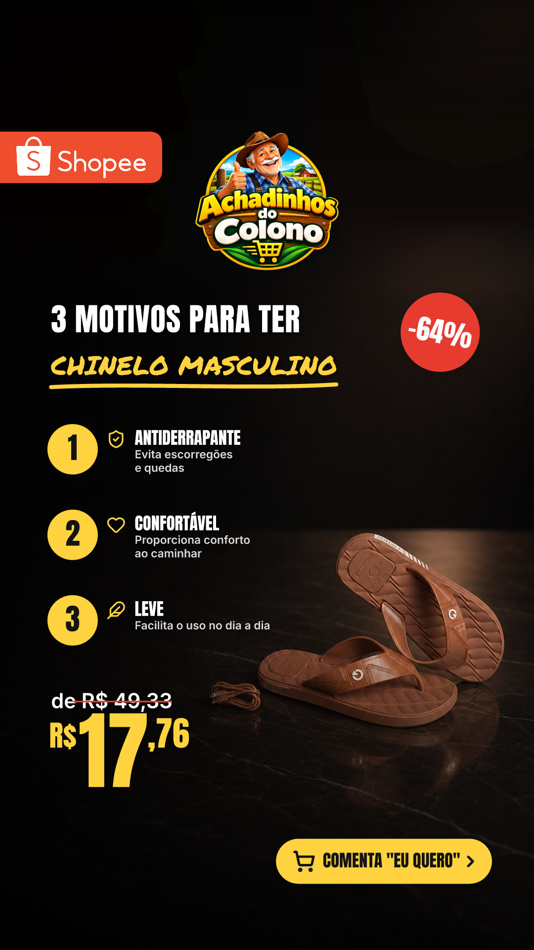 Chinelo Masculino Adulto Antiderrapante Confortável Leve Calçe Facil PROMOÇÃO