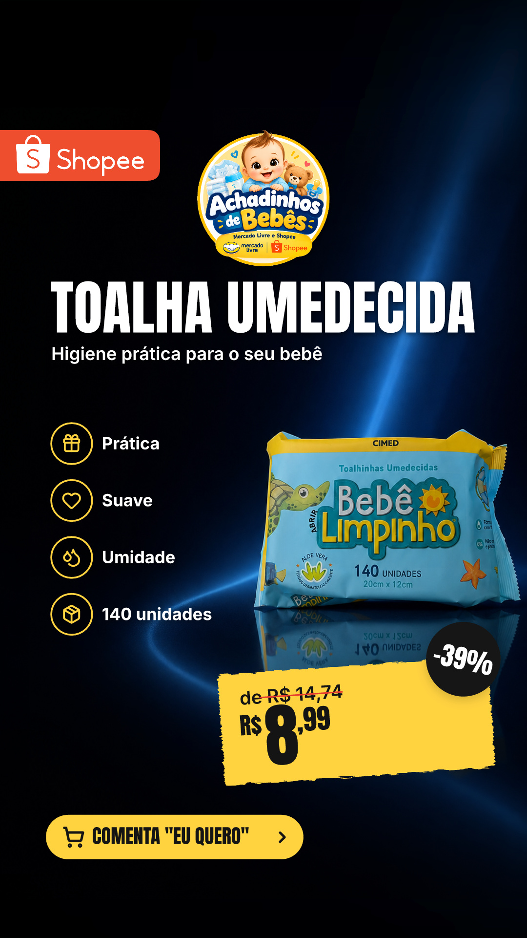 Toalha Umedecida Bebê Limpinho 140 unidades