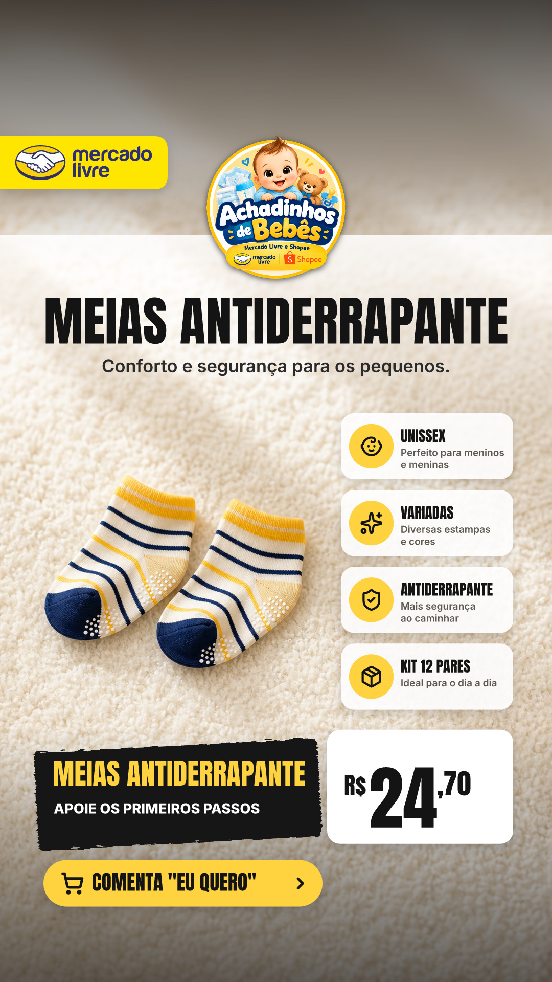 Kit 12 Pares Meias Antiderrapante Bebê Infantil Unissex Variadas 01 A 02 Anos