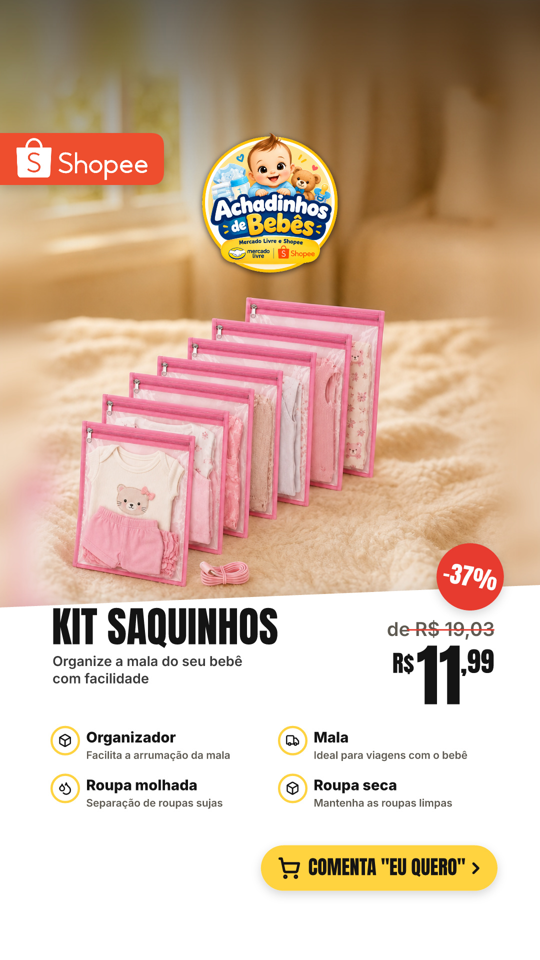 Kit 7 Saquinhos Maternidade Organizador Mala Bebê 27 x 33 MALA/VIAGEM/ROUPA MOLHADA e SECA