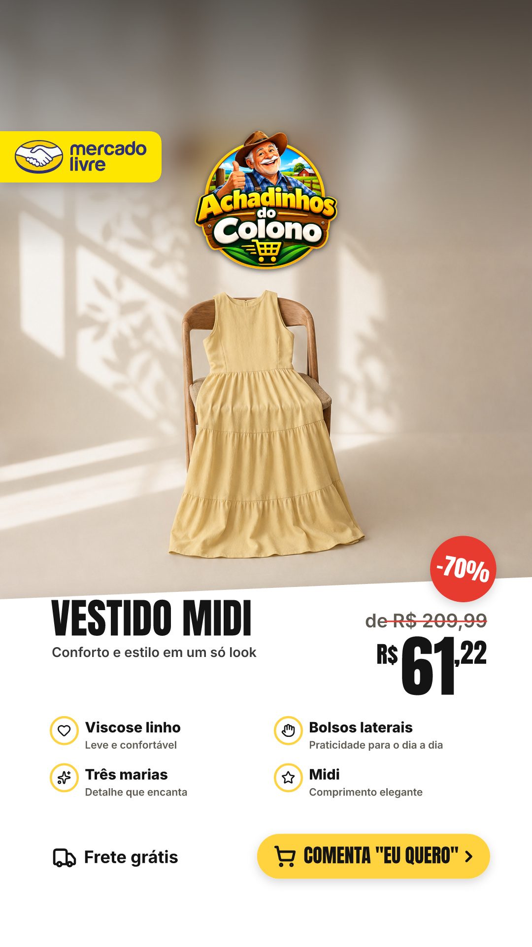 Vestido Midi Três Marias Viscose Linho Com Bolsos Laterais