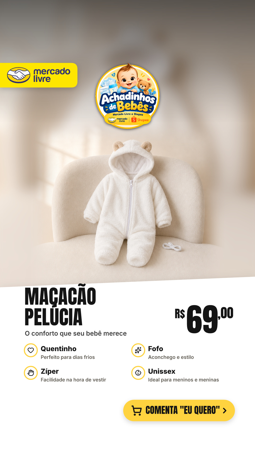 Macacão Pelúcia Bebê Ursinho Quentinho E Fofo Branco Zíper Lisa P