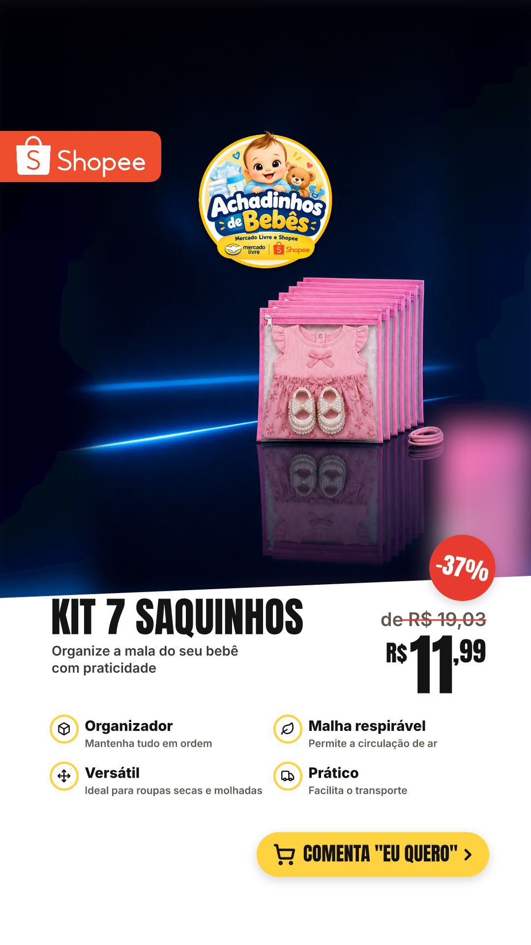 Kit 7 Saquinhos Maternidade Organizador Mala Bebê Mala/Viagem/Roupa Molhada e Seca