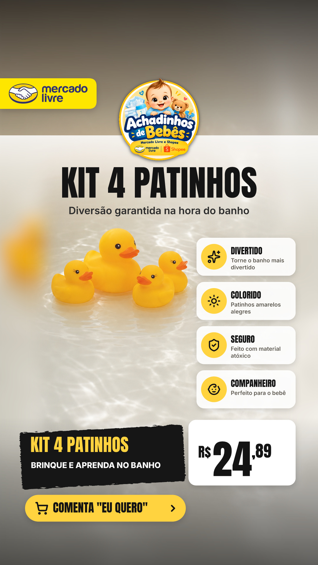 Kit 4 Patinhos De Borracha Banho Bebê Amarelo De Brinquedo Amarelo