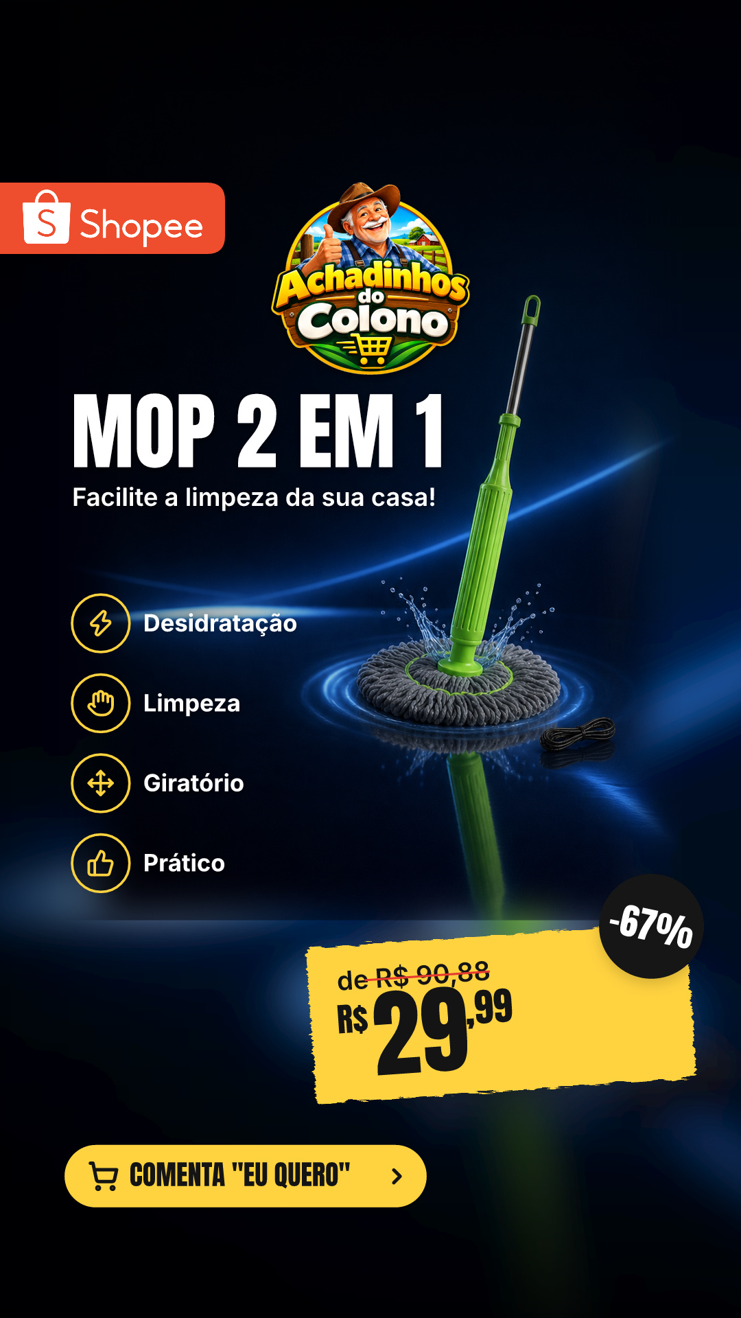Mop 2 em 1 com desidratação automática esfregão giratório limpeza de piso fácil cozinha e banheiro