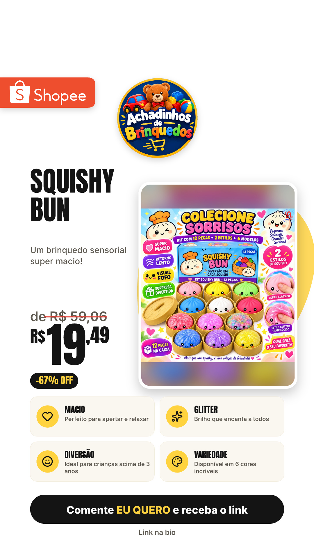 Squishy Bun Surpresa 2 Estilos 6 Cores Brinquedo Sensorial Macio Glitter para Apertar 3+