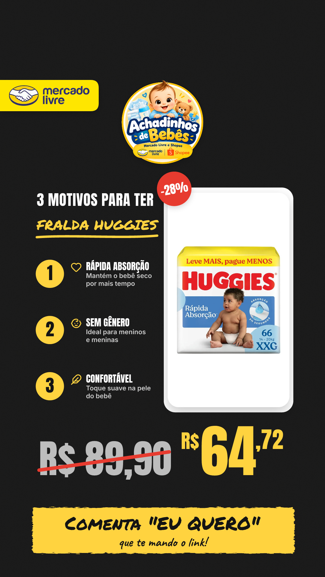 Fralda Huggies Rápida Absorção Xxg 66 Unidades Xgg Sem Gênero