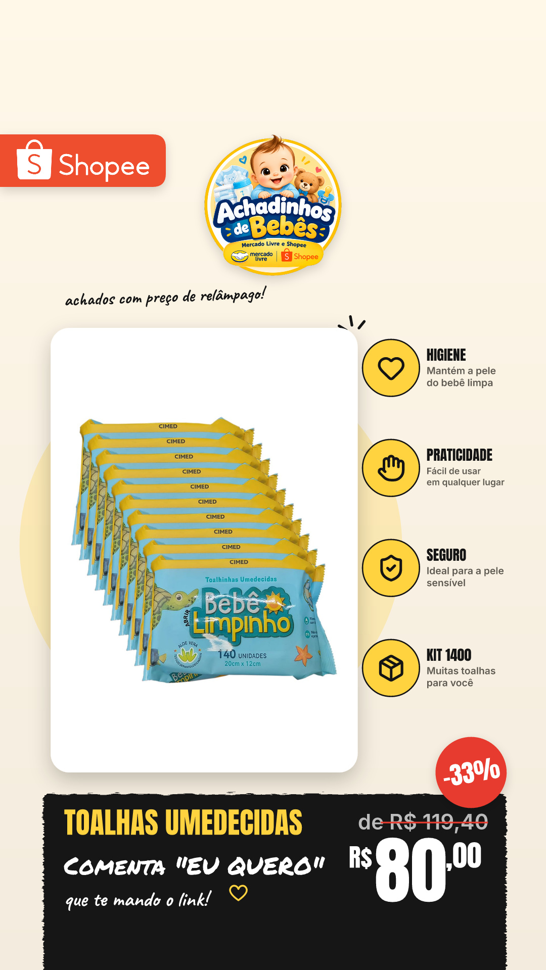 kit 1400 Toalhas Umedecidas Bebê Limpinho