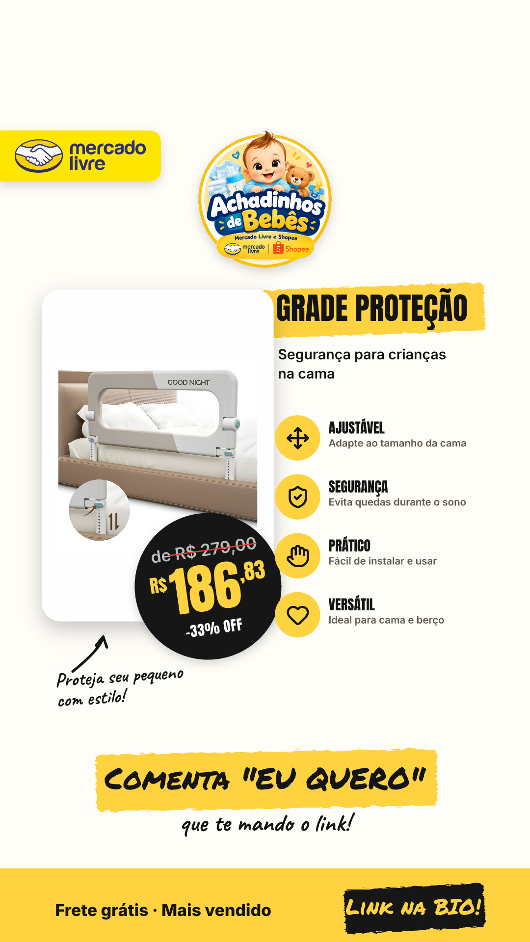 Grade De Proteção Ajustável Para Cama E Berço Criança 1.8m