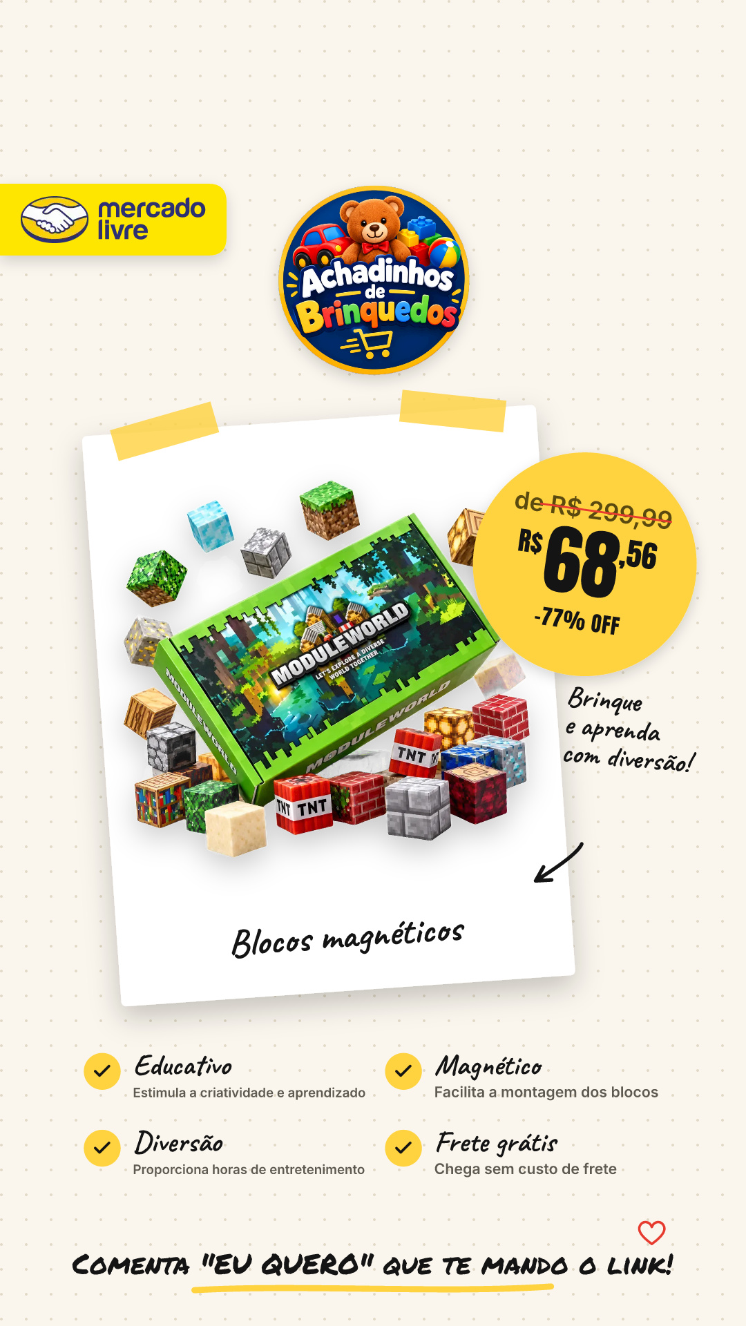 Minecraft Module World 100 Peças Blocos Magnéticos Educativo 100 Module World Minecraft