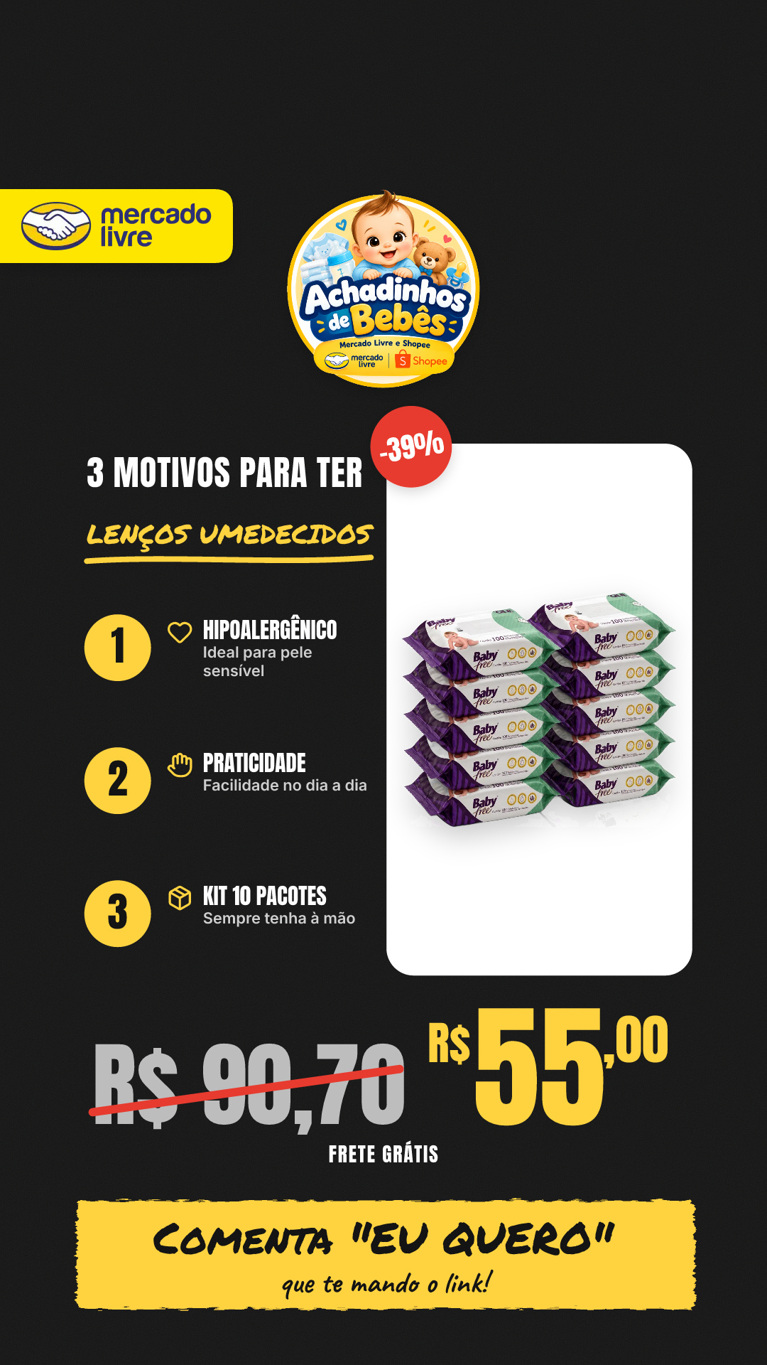Lenços/toalhas Umedecidos Baby Free 500un Hipoalergênico Kit 10 Pacotes