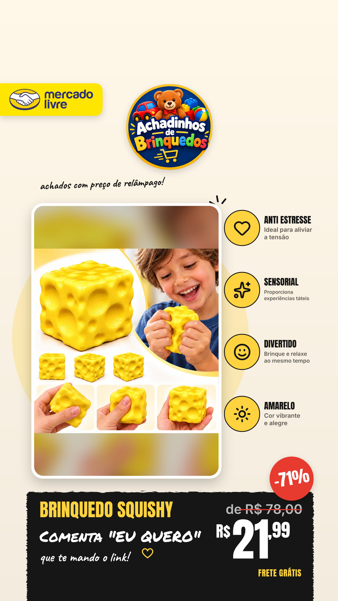 Brinquedo Squishy Bloco De Queijo Anti Estresse Sensorial Amarelo