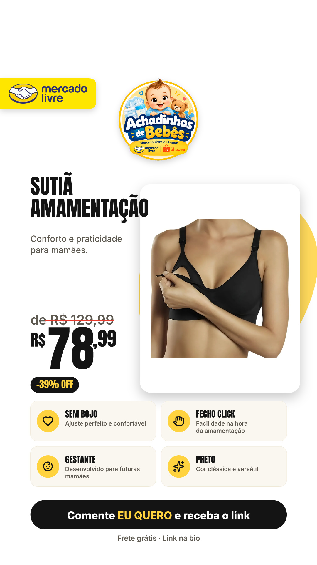 Sutiã Amamentação Lupo Loba Sem Bojo Fecho Click Gestante Preto P (36 A 38)