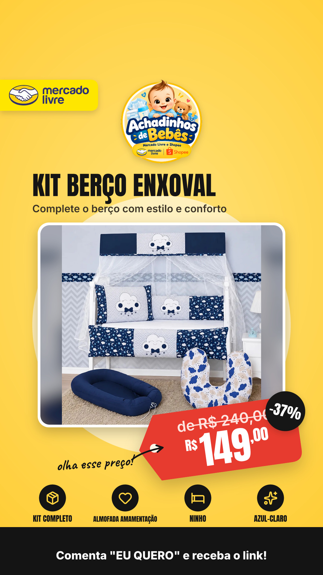 Kit Berço Enxoval Completo Ninho Almofada Amamentação Cheio Kit Completo Azul-claro
