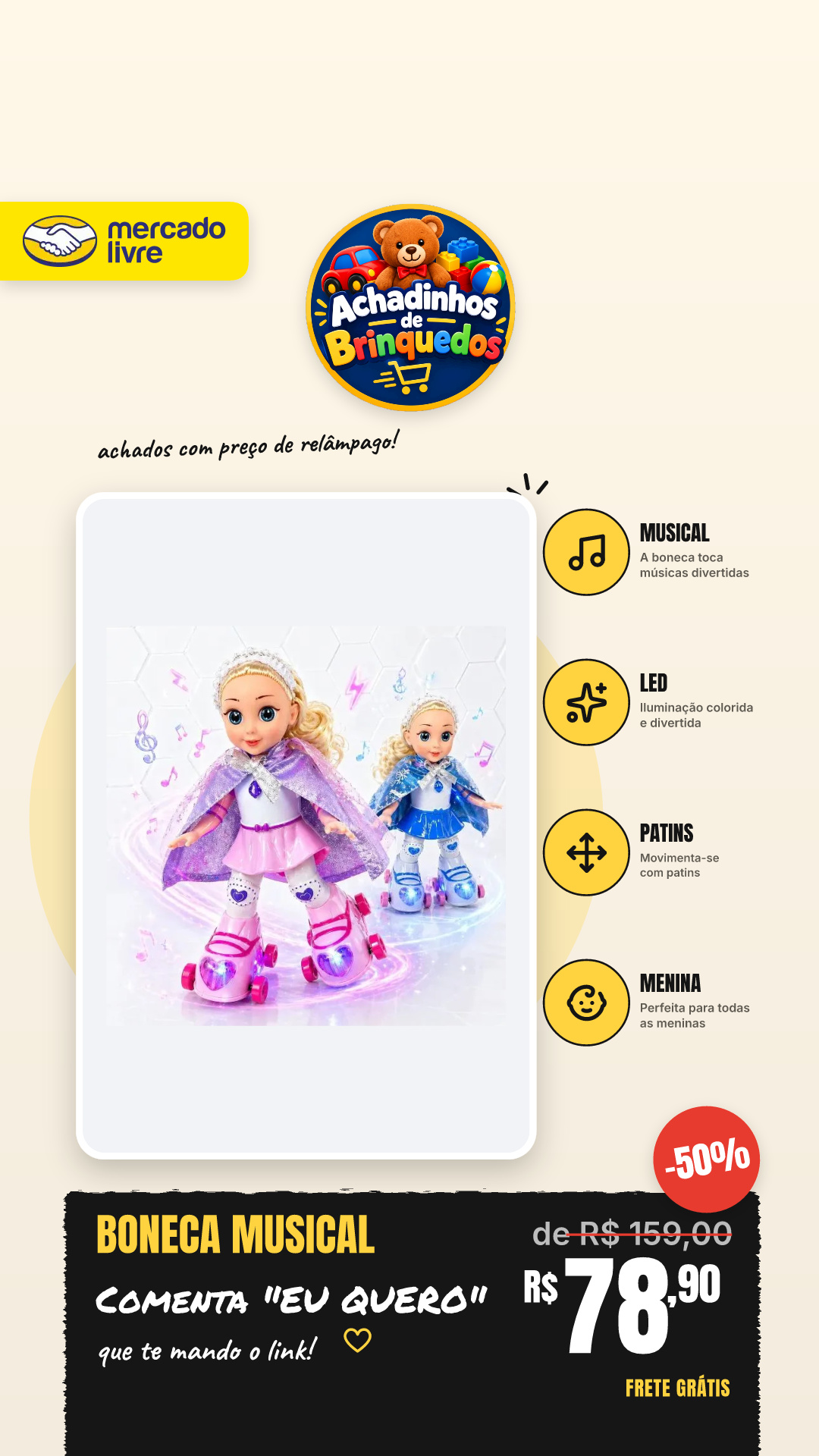 Presente Menina Boneca Musical Com Patins Rodinha Led Rosa