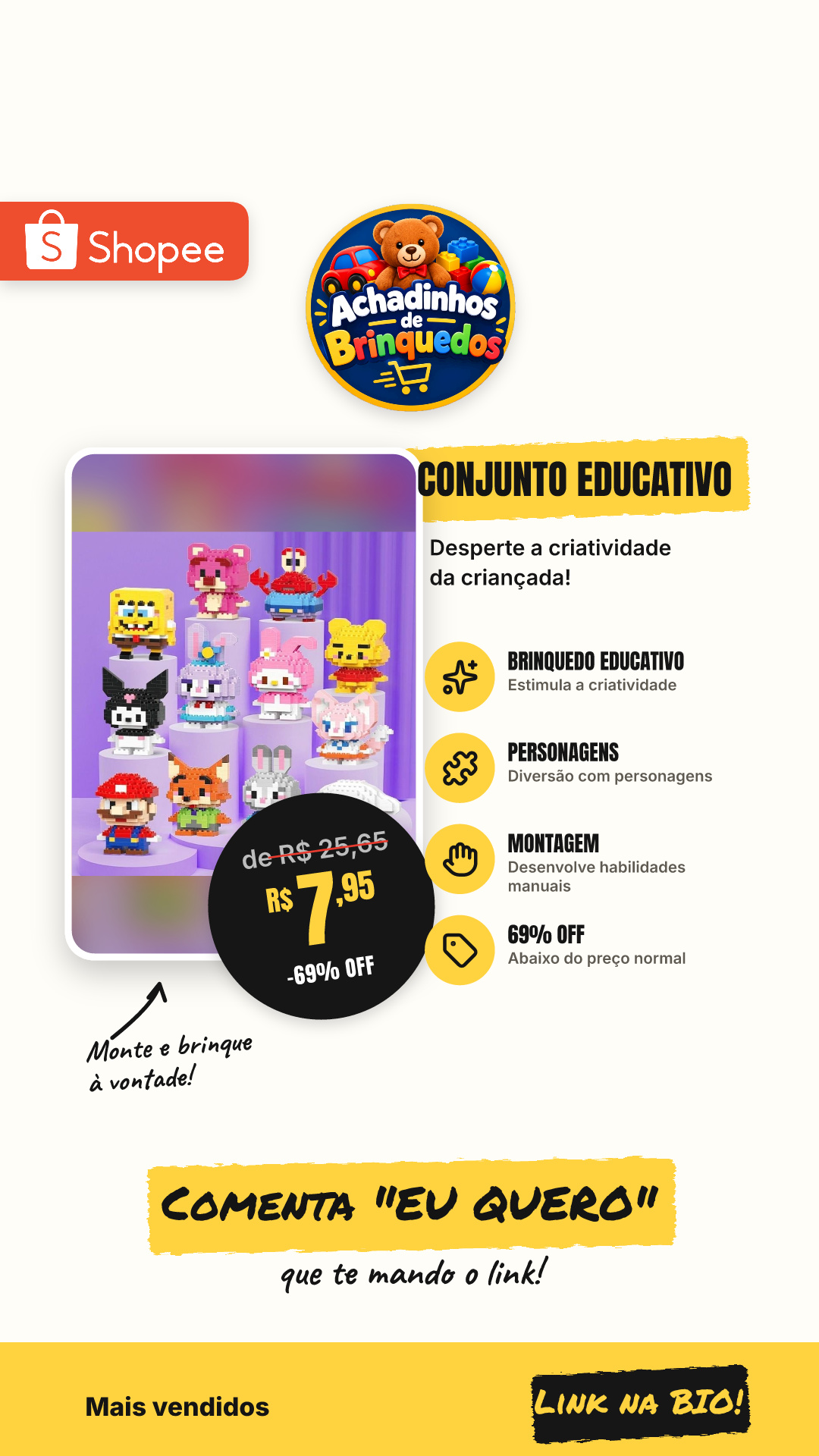 Conjunto de mini pe?as e personagens para montar, brinquedo educativo infantil.