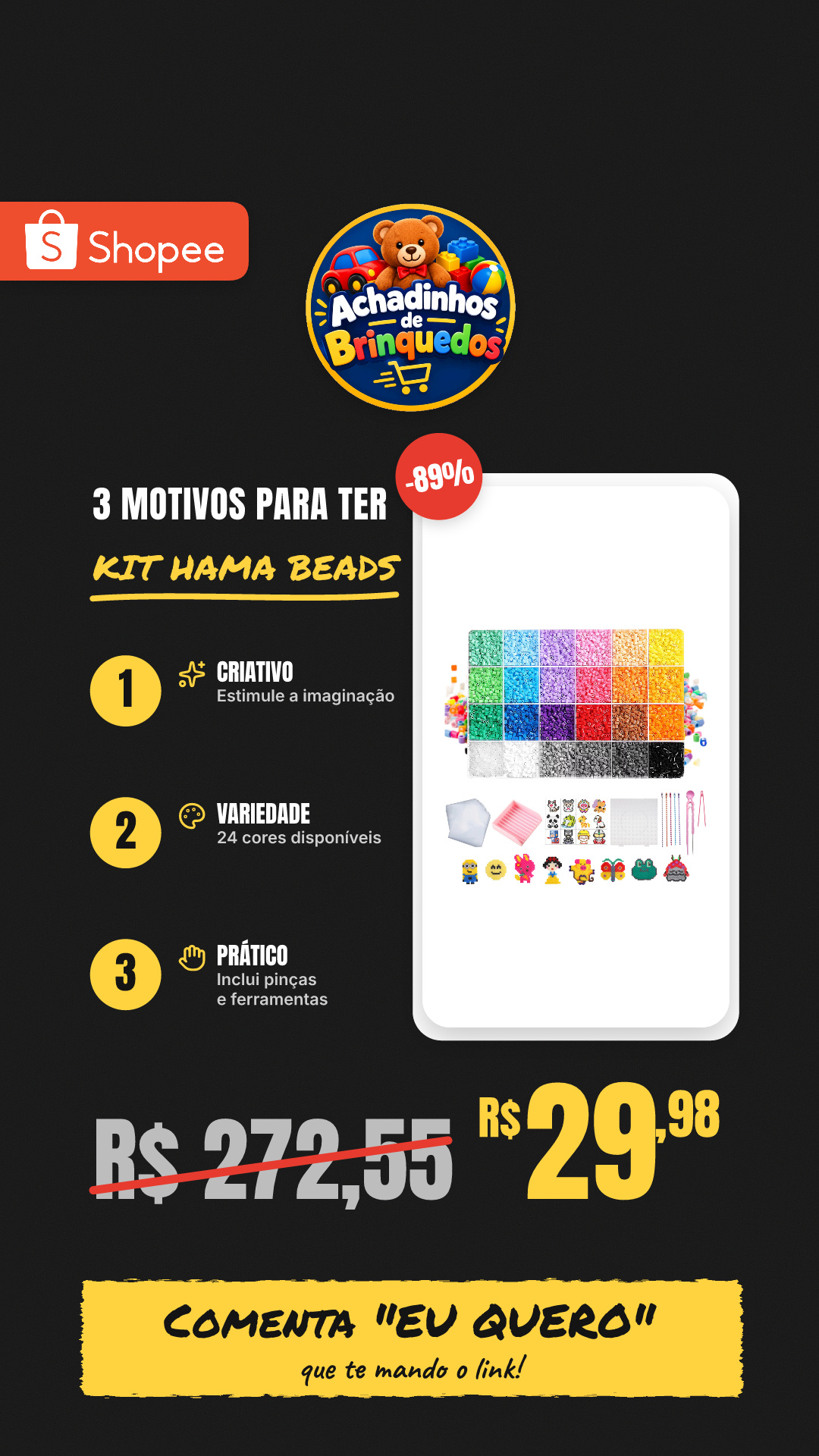 Kit Hama Beads 10.000 Peças Pinças + Ferramentas Pegboard 2,6mm 24 Cores Brinquedos Chaveiro