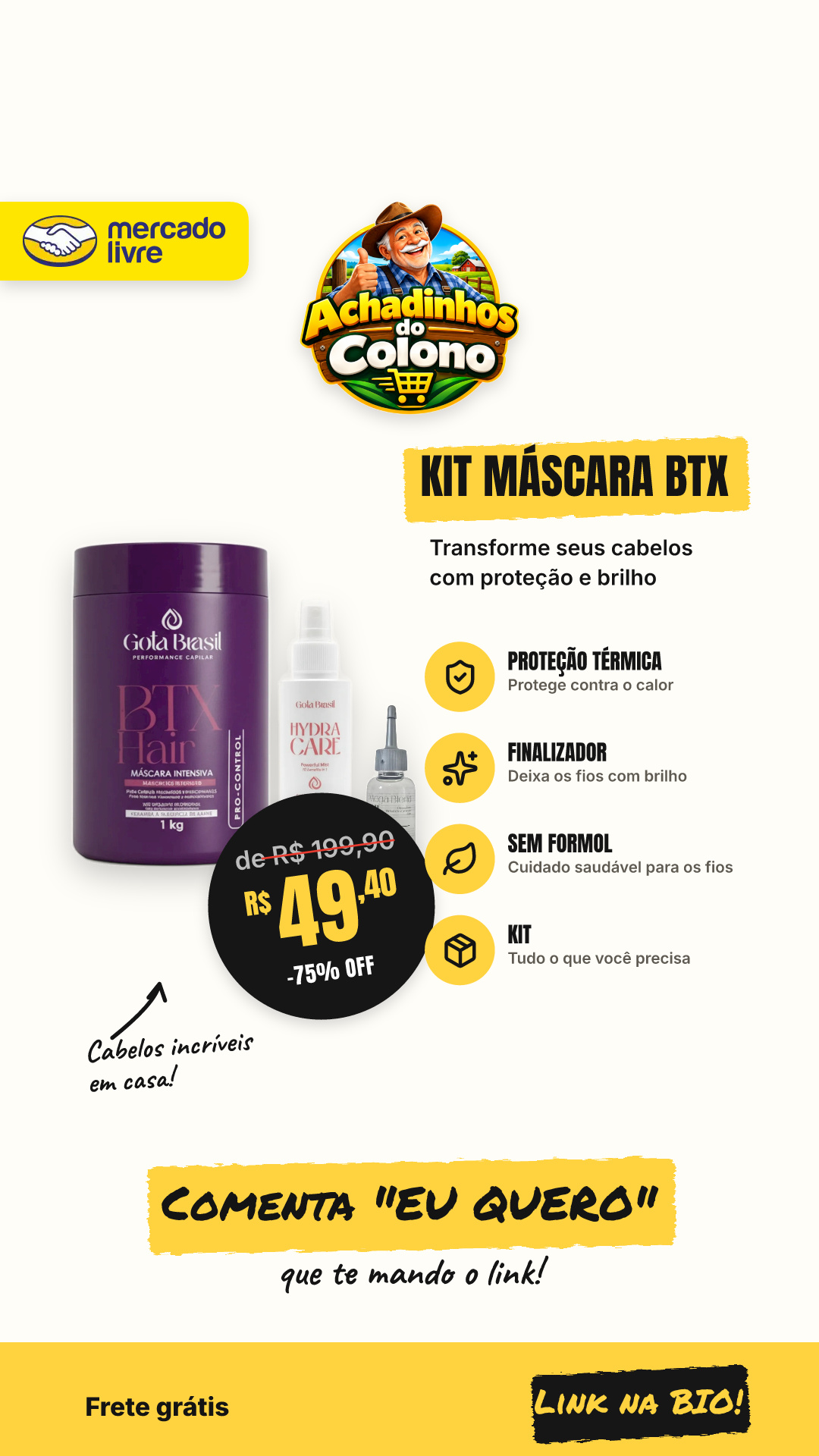 Kit Máscara Btx Sem Formol C Protetor Térmico E Finalizador