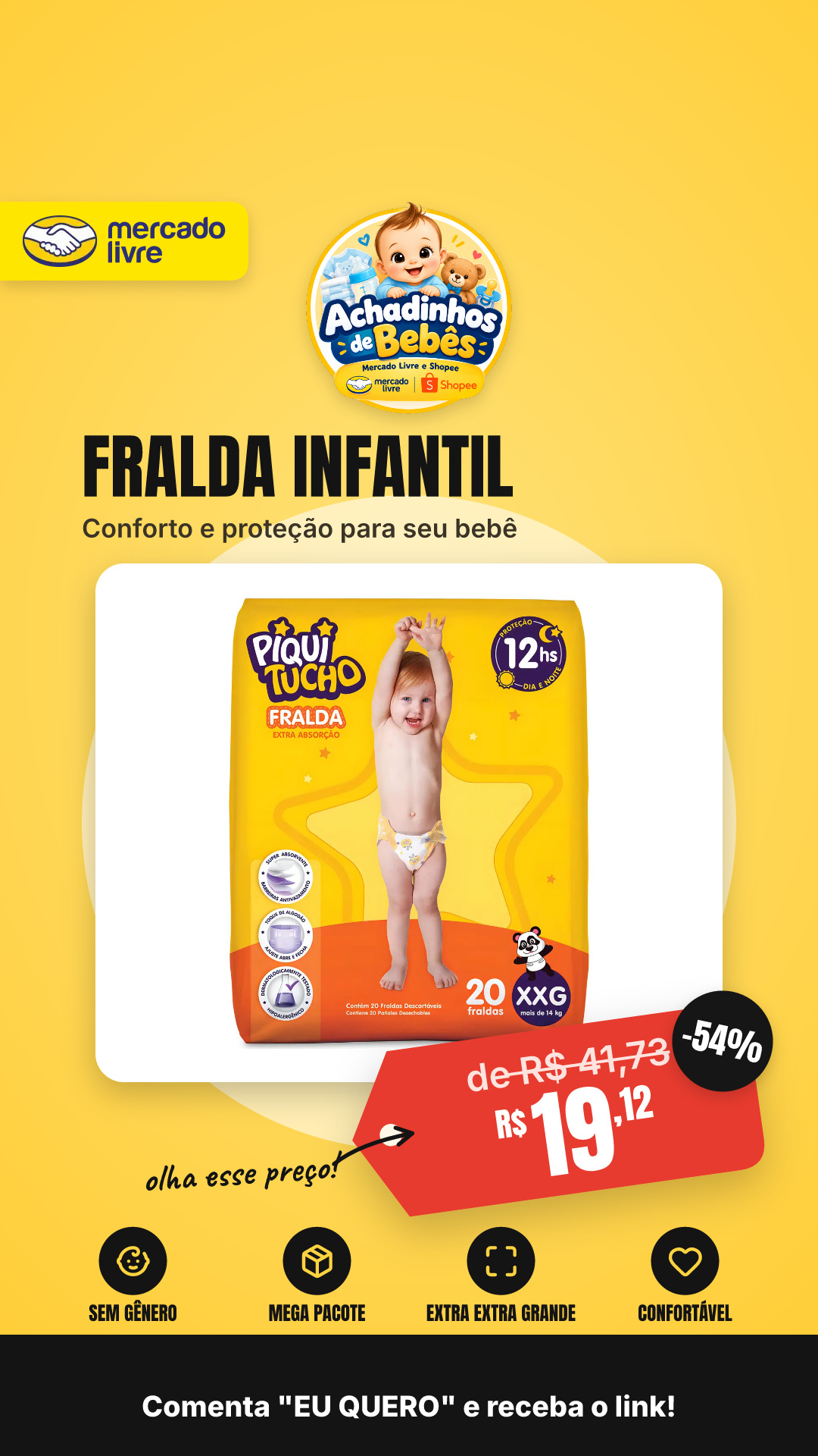 Fralda Infantil Piquitucho Mega Xxg Sem Gênero Pacote Com 20 Unidades Extra Extra Grande (xxg)