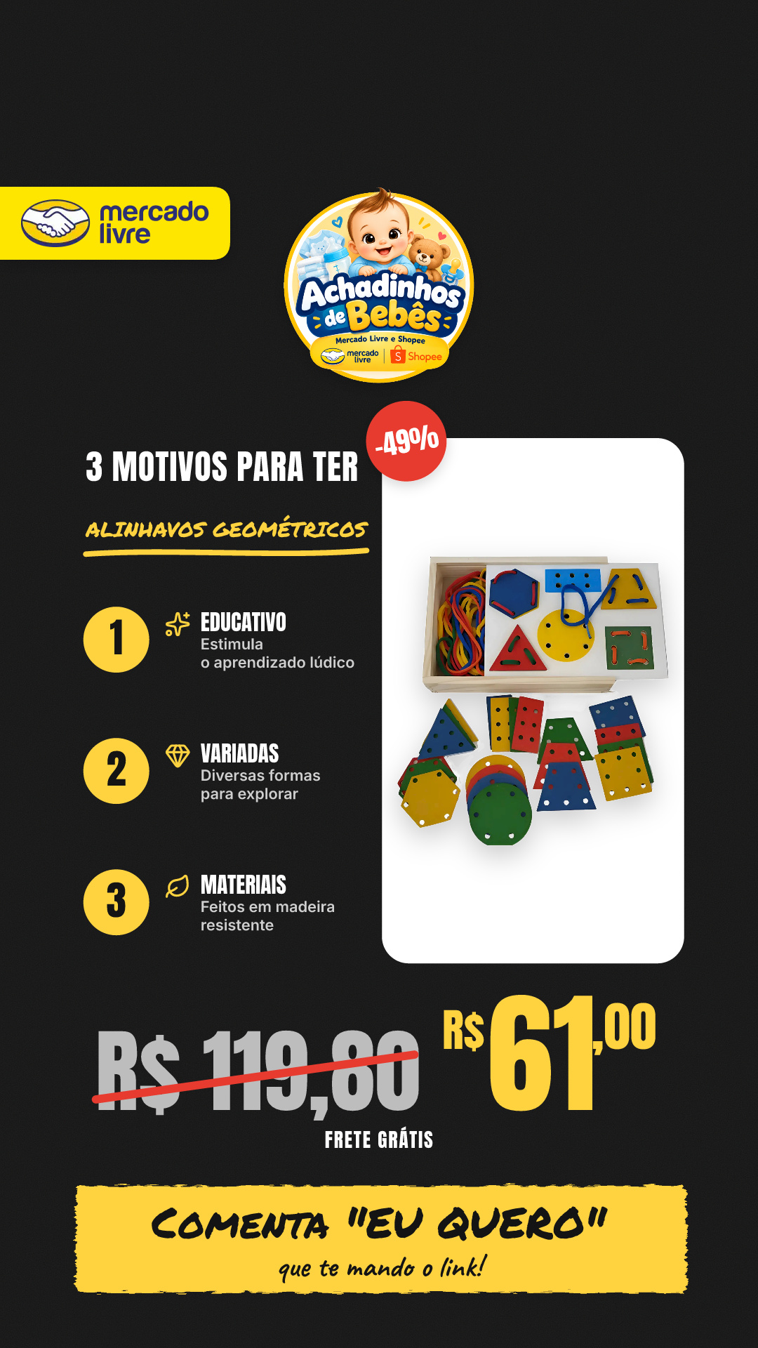 Alinhavos Formas Geométricas 24 Peças Em Madeira Educativos Variadas