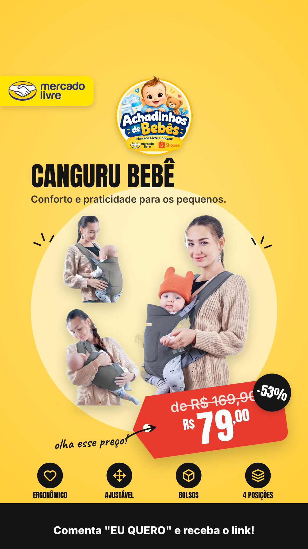 Canguru De Bebê Aiebao Ergonômico Cinza 4 Posições Com Bolsos Ajustável