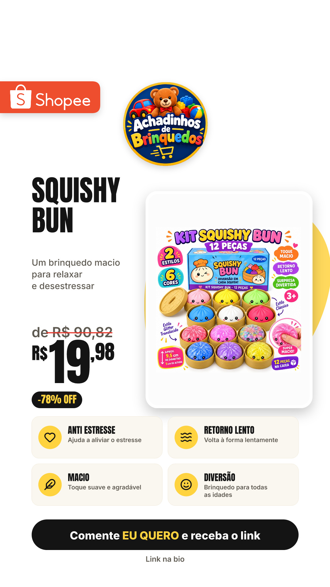 Squishy Bun Sensorial 2 Estilos 2 Tamanhos 6 Cores Brinquedo Macio Anti Estresse Retorno Lento 3+