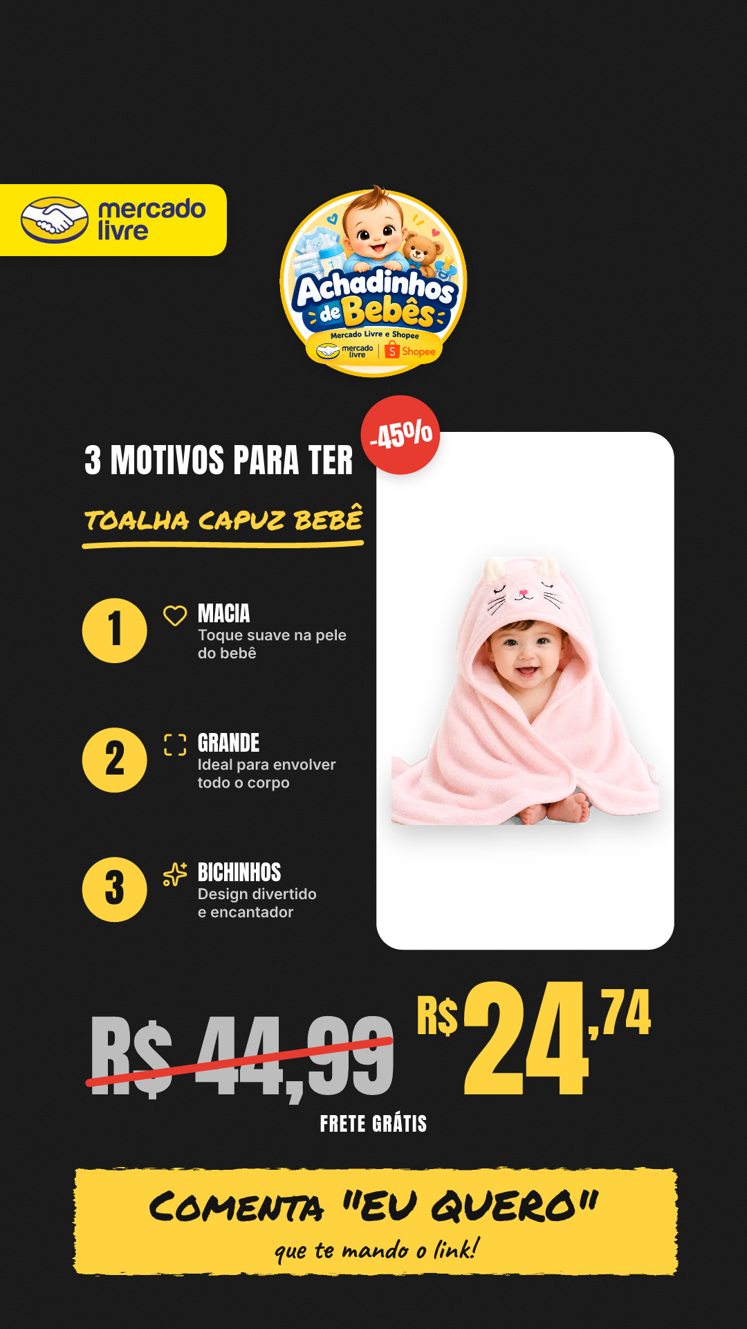 Toalha De Banho Capuz Bebê Infantil Macia Grande Bichinhos Rosa