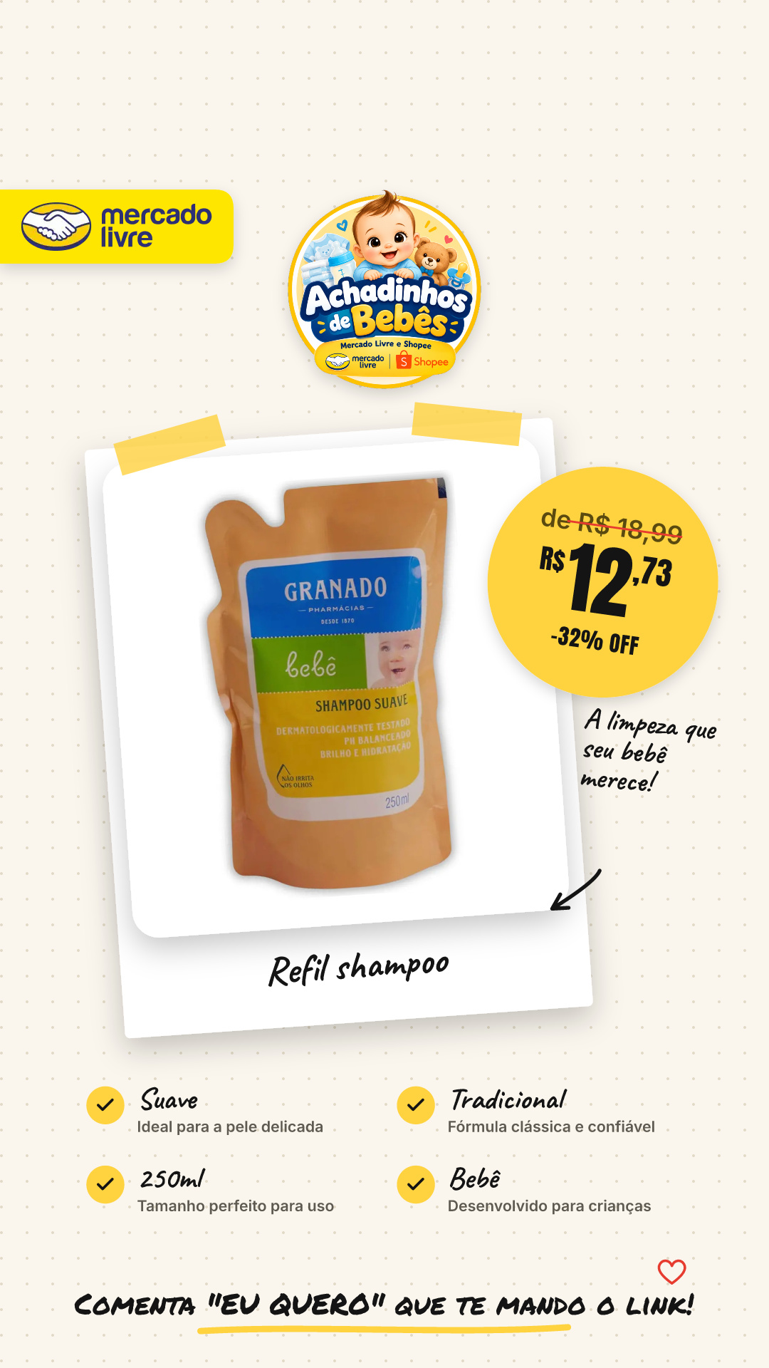 Refil Shampoo Suave Tradicional Granado Bebê 250ml