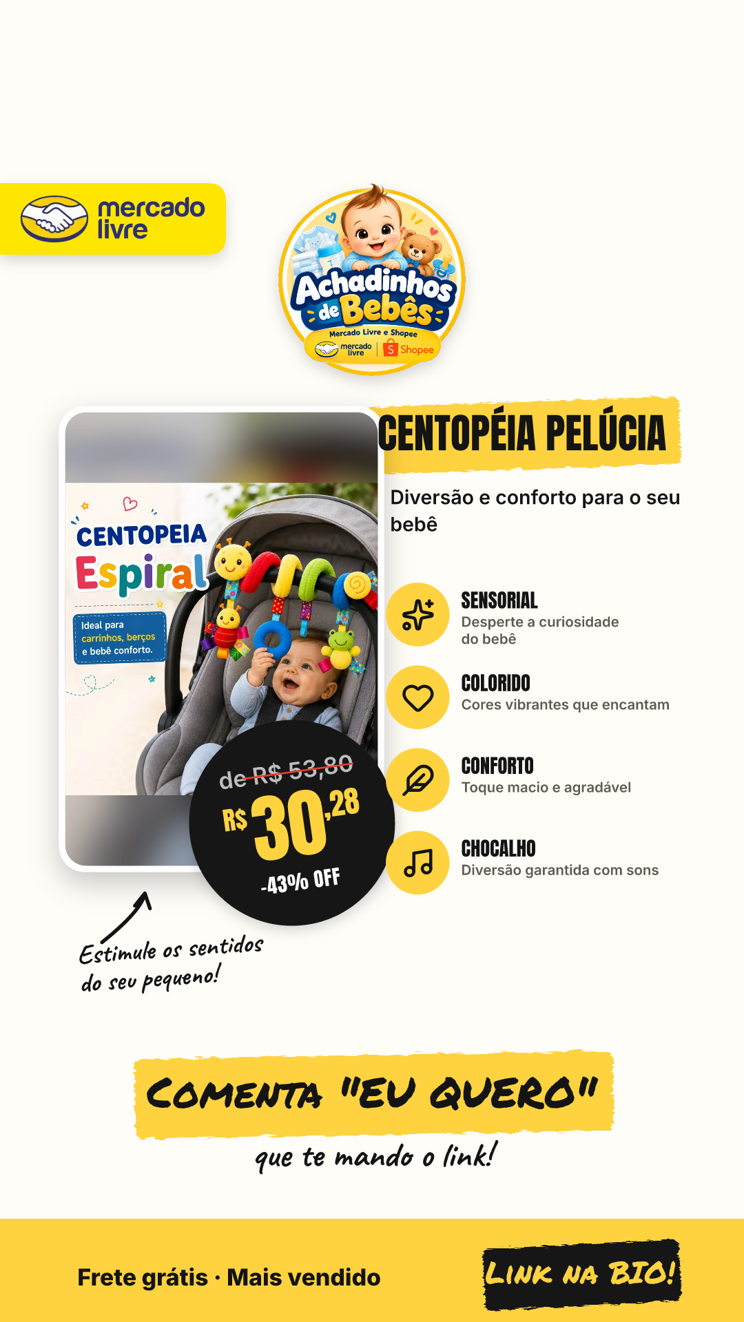 Centopéia Espiral Bichinho Pelúcia Brinquedo Carrinho Berço Bebê Conforto Com Chocalho De Pendurar Sensorial Colorido