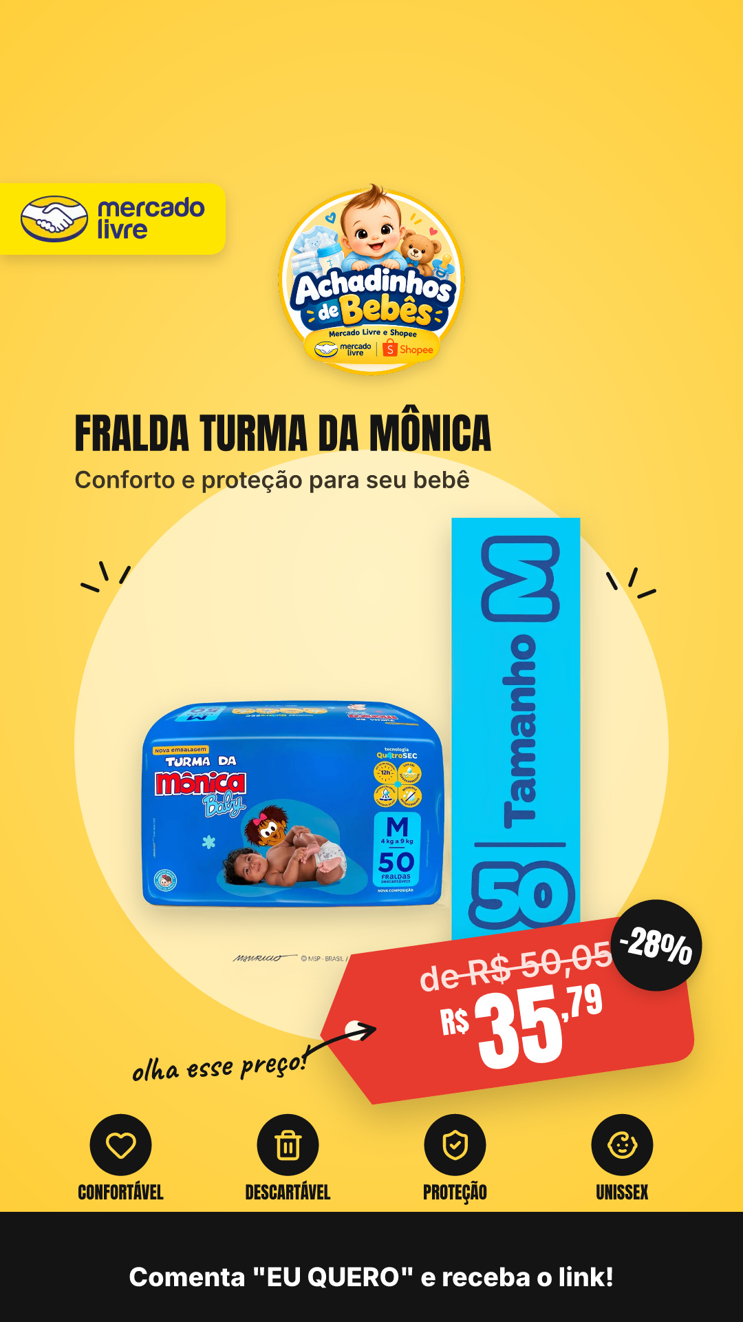 Fralda Descartável Turma Da Mônica Baby M 50 Unidades 12 H