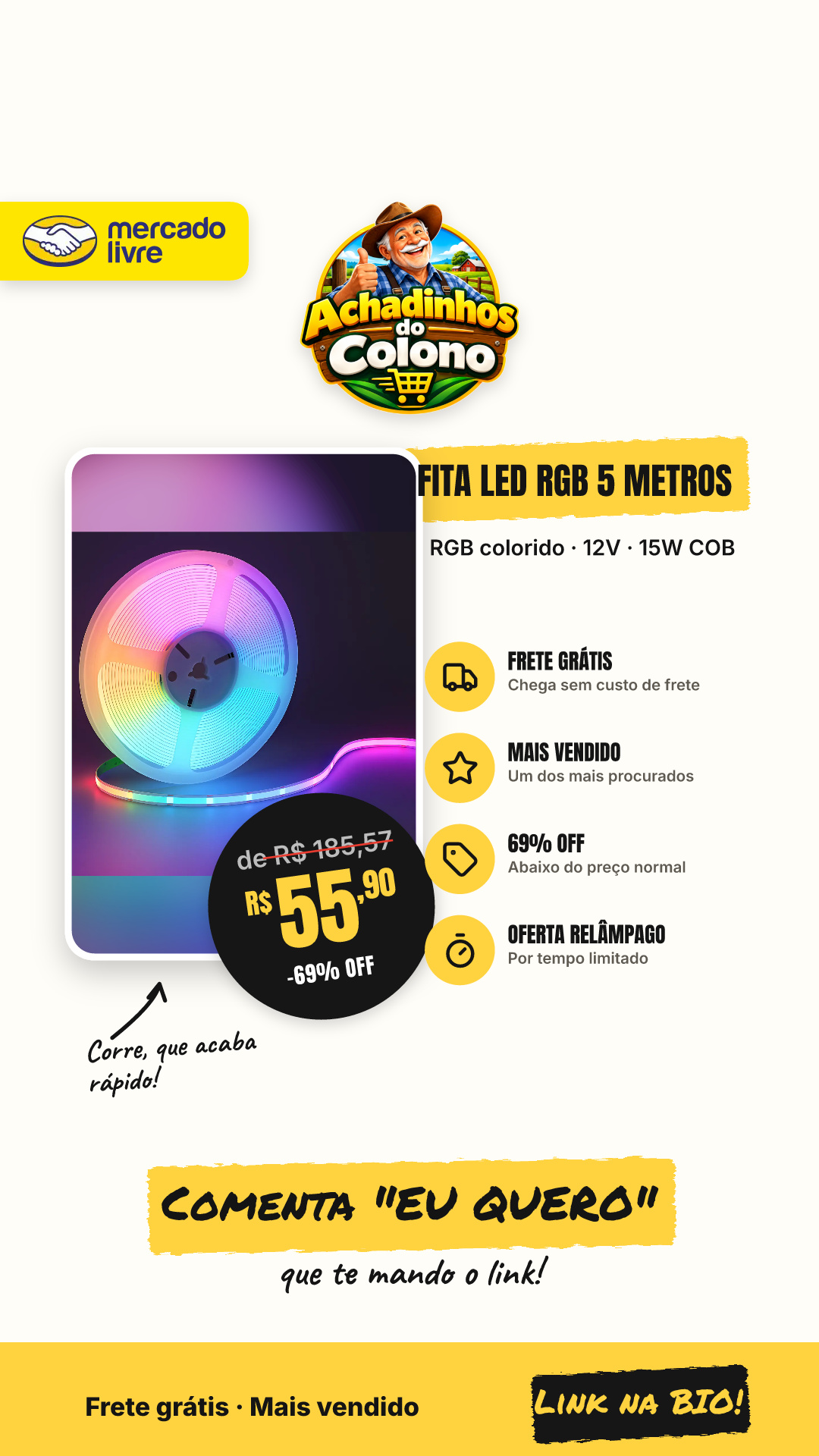 5m Fita Led Interna Cob 15w Rgb Colorido 12v 5 Metros 2700k / 6500k Alut By Avant Rgb 15w Cob