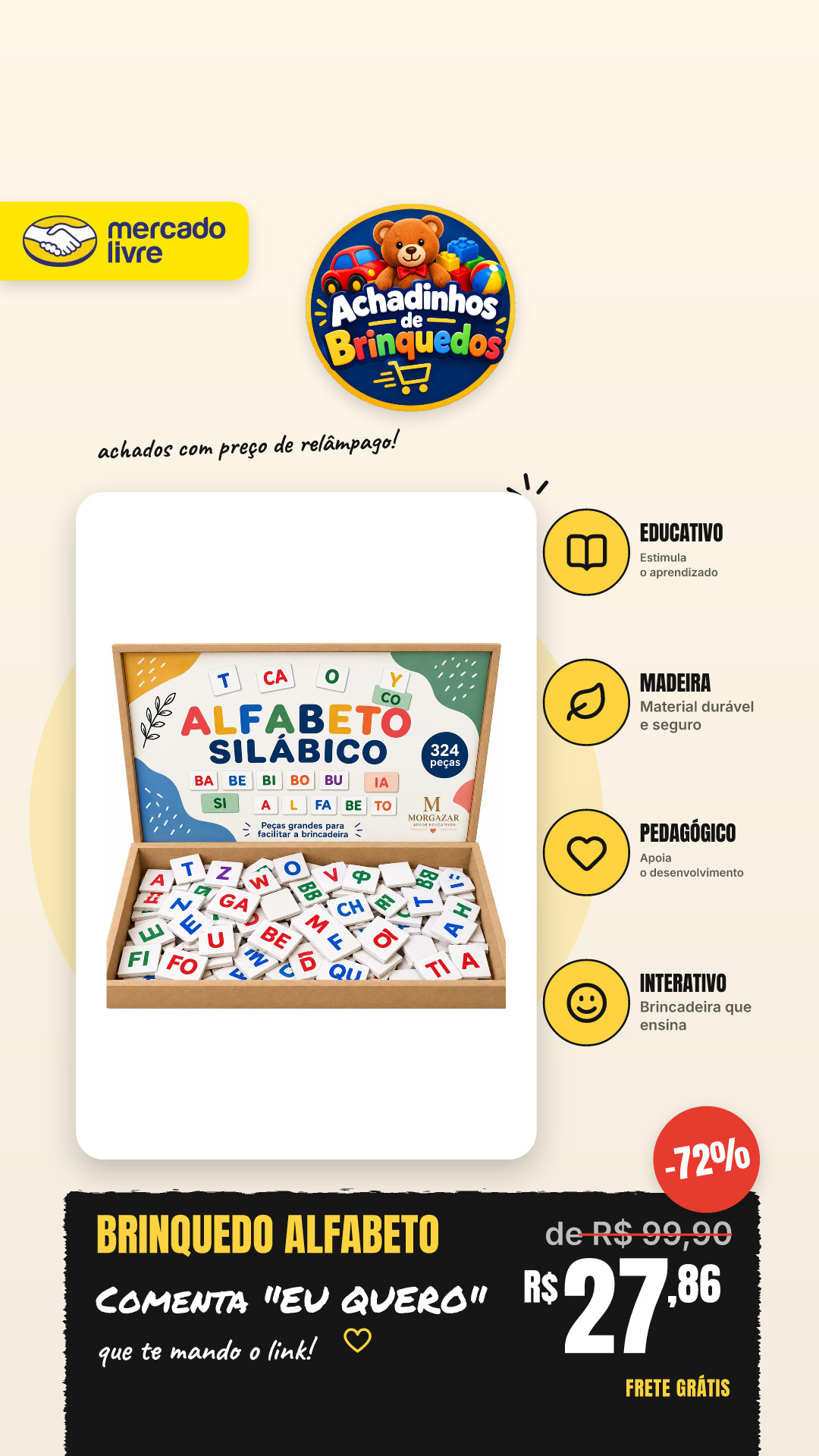Brinquedo Educativo Pedagógico Madeira Palavras Alfabeto