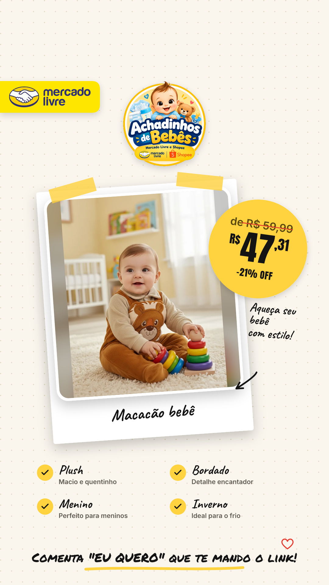 Macacão Bebê Jardineira Plush Bordado Leão Menino Inverno