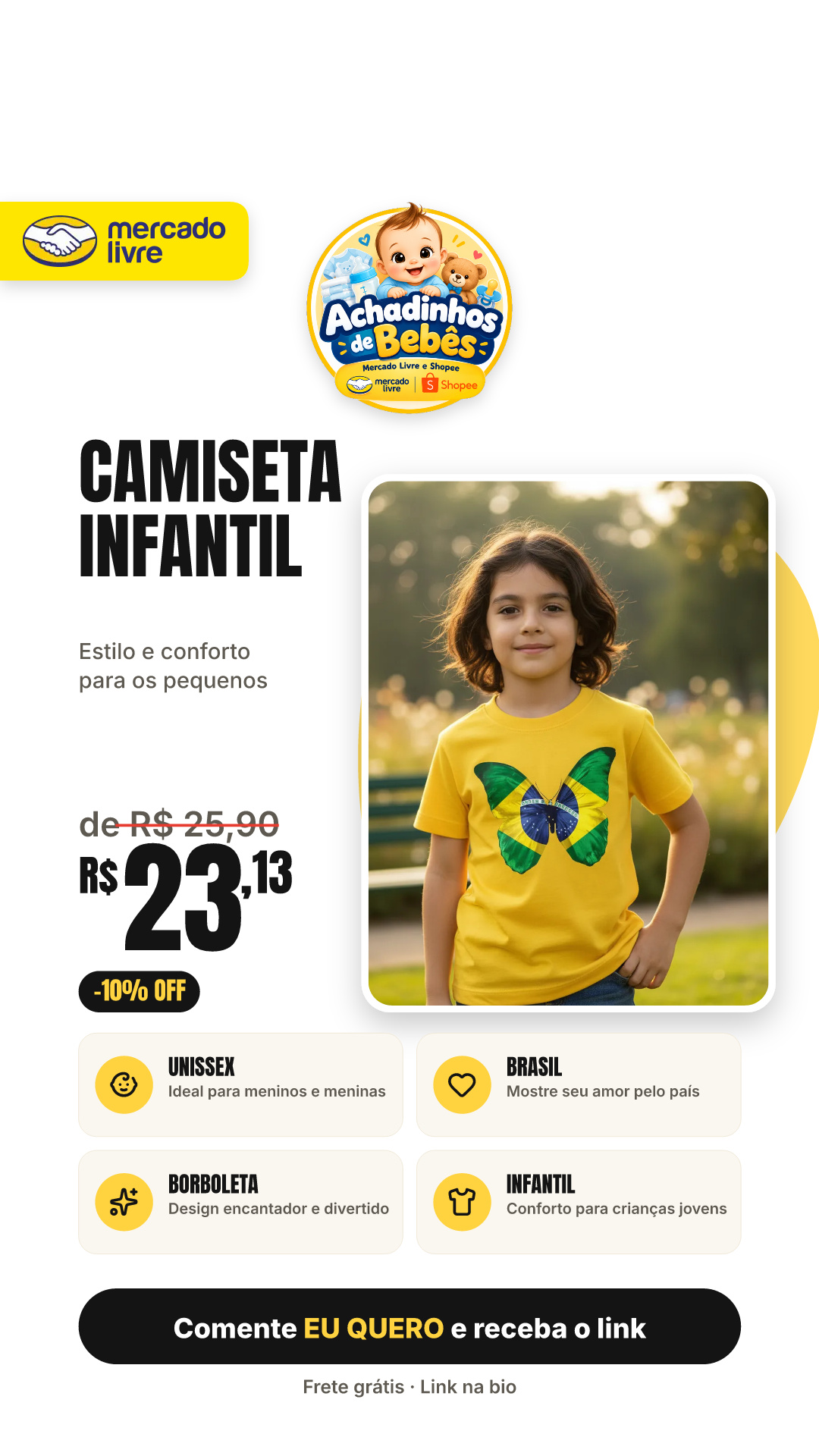 Camiseta Infantil Unissex Criança Jovem Brasil Borboleta