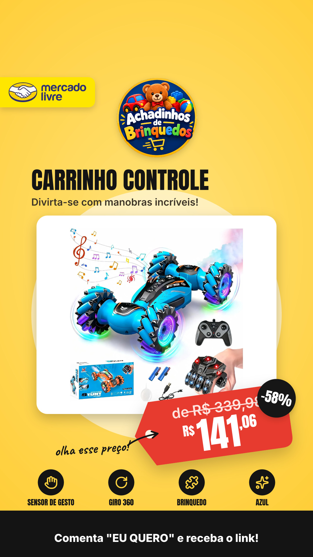 Carrinho Controle Remoto Brinquedo Sensor De Gesto Giro 360 Azul