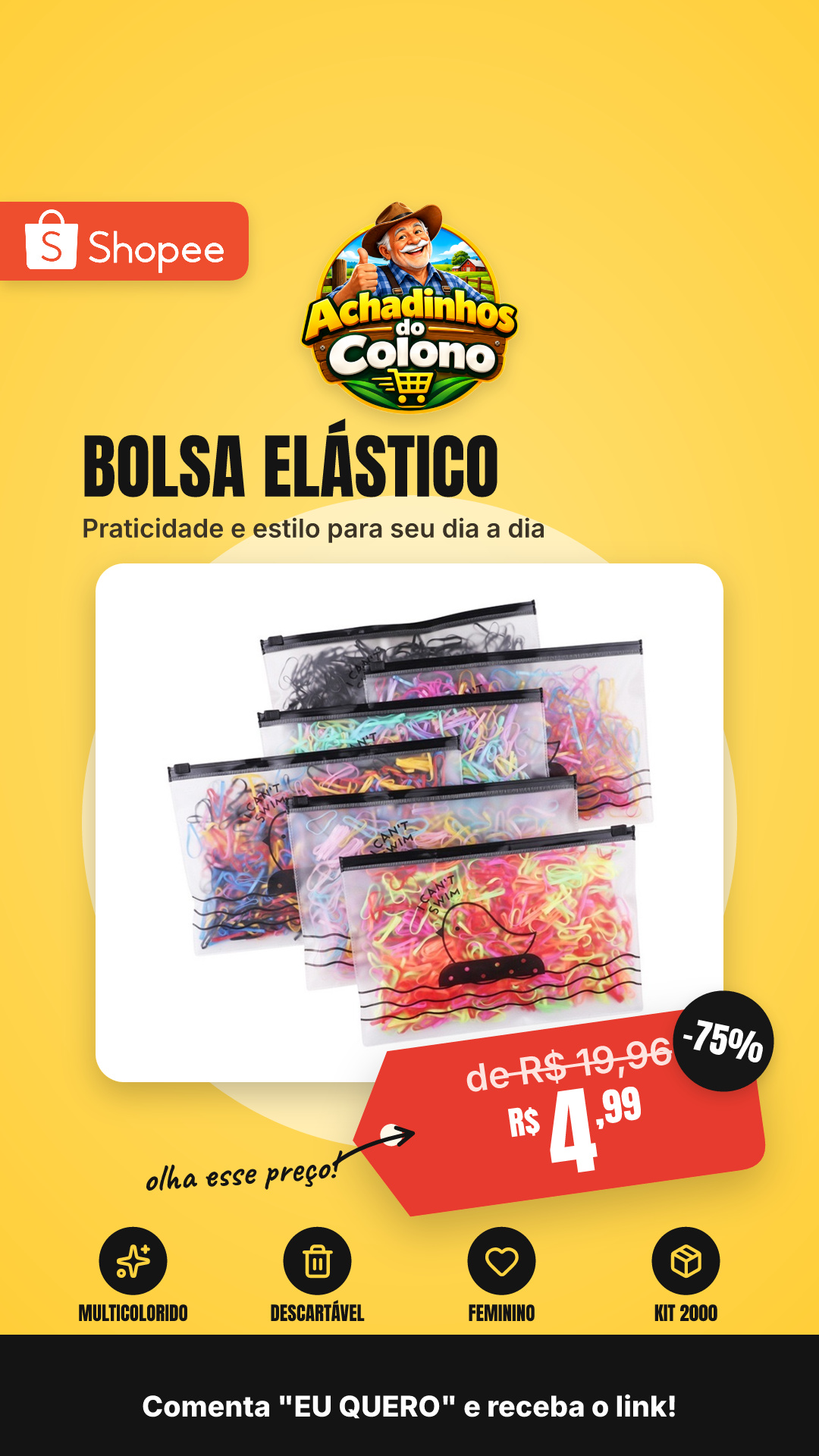 Kit 2000 Peças Bolsa Elástico De Cabelo Feminino Descartável Multicolorido