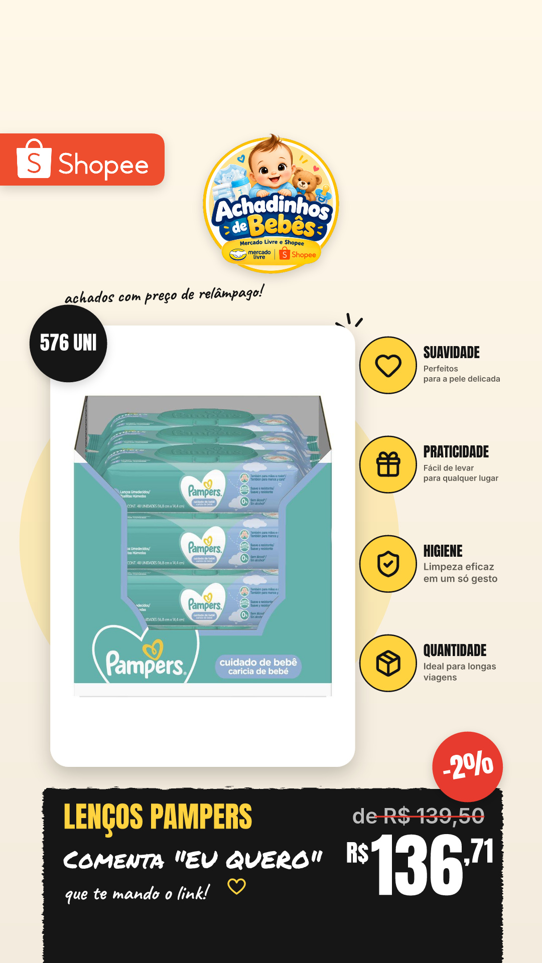 Lenços Umedecidos Pampers Carícia de Bebê 576 unidades