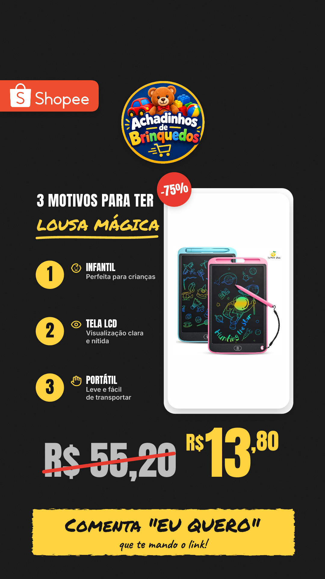 Lousa Mágica Tela Lcd 8.5 /10 /12 Polegadas Infantil De Escrever E Desenhar Tablet