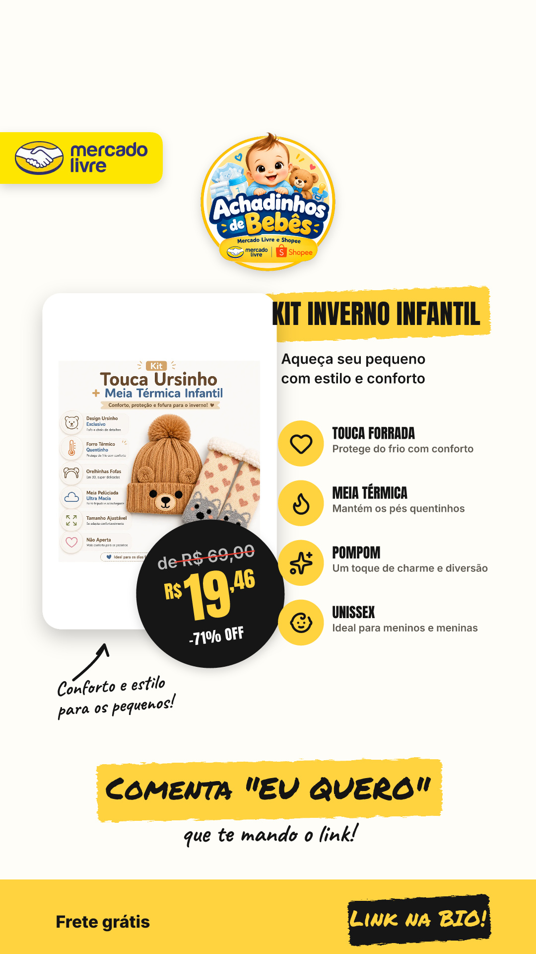Kit Inverno Infantil Touca Forrada Pompom + Meia Térmica Lá