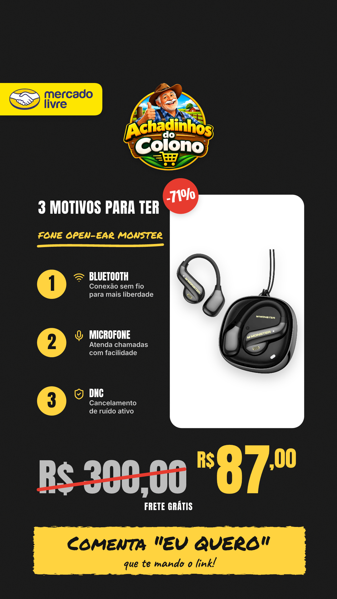 Fone De Ouvido Open-ear Monster Ac390 Bluetooth, Para Esporte Com Microfone E Dnc Preto